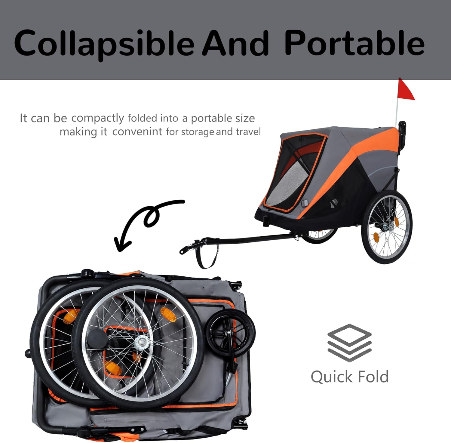 2-in-1 Dog Bike Trailer, Heavy Duty 100lbs Pet Stroller Cart Bicycle Carrier, Easy Folding Cart Frame with Quick Release Wheels and Internal Leash, Orange