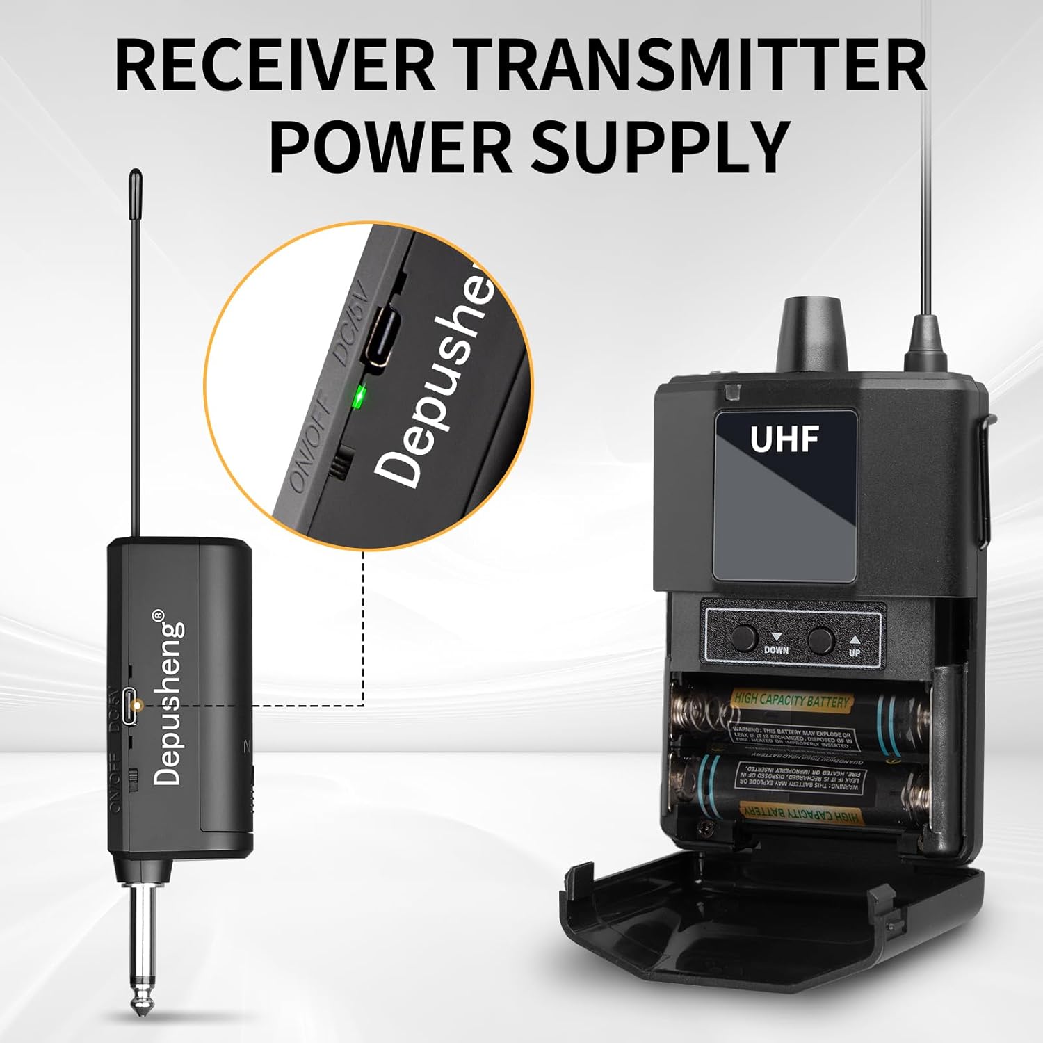 Depusheng UHF Microphone System -Wireless Microphone Set with Headset and Lavalier Lapel Mics, Beltpack Transmitter and Receiver,200ft Range, for Recording PA Speaker,Conference