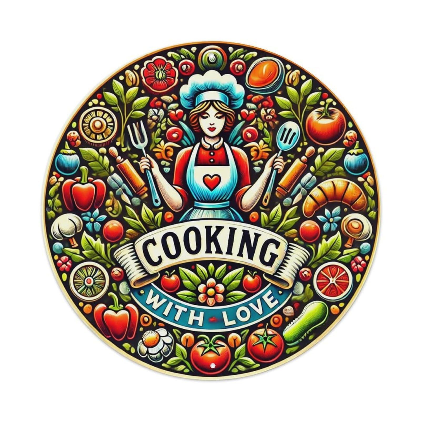 Colorful Chef With Utensils And Vegetables Vintage Round Tin Sign Retro Metal Wall Decor Metal Poster, Home Bar Garage Cafe Wall Art Decoration 8x8Inches