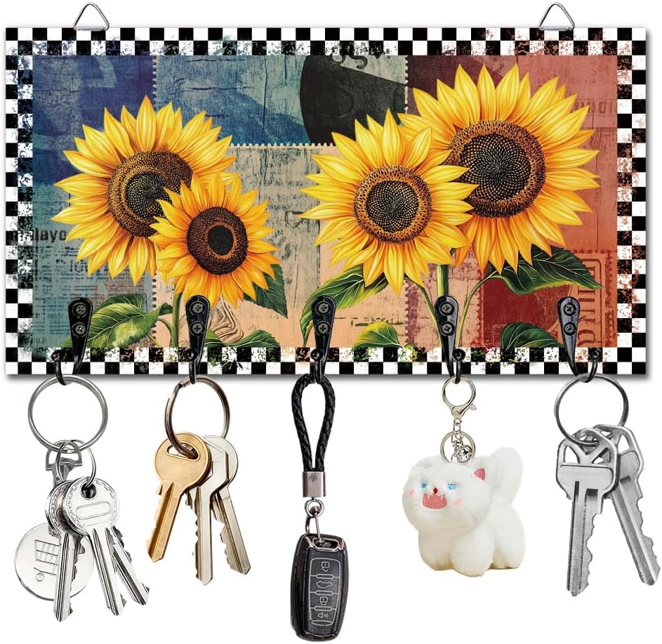 Sunflower Key Holder Key Hooks Organizer Hanger Rack Vintage Wall Mounted Wooden Key Rack with 5 Key Hooks for Home Entryway Front Door Kitchen Hallway Bedroom Wall Decorative Key Storage