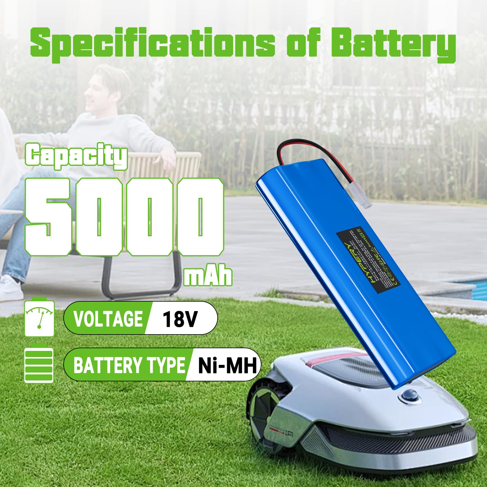 2 paquetes de 5000 mAh NI-MH batería de repuesto para cortacésped Husqvarna Automower 210C, 220AC, 230ACX, 260ACX, 265ACX, Solar Hybrid, G2 2004-2006, AU-18C, AU-18V, 535120901, 535120901, 535120901