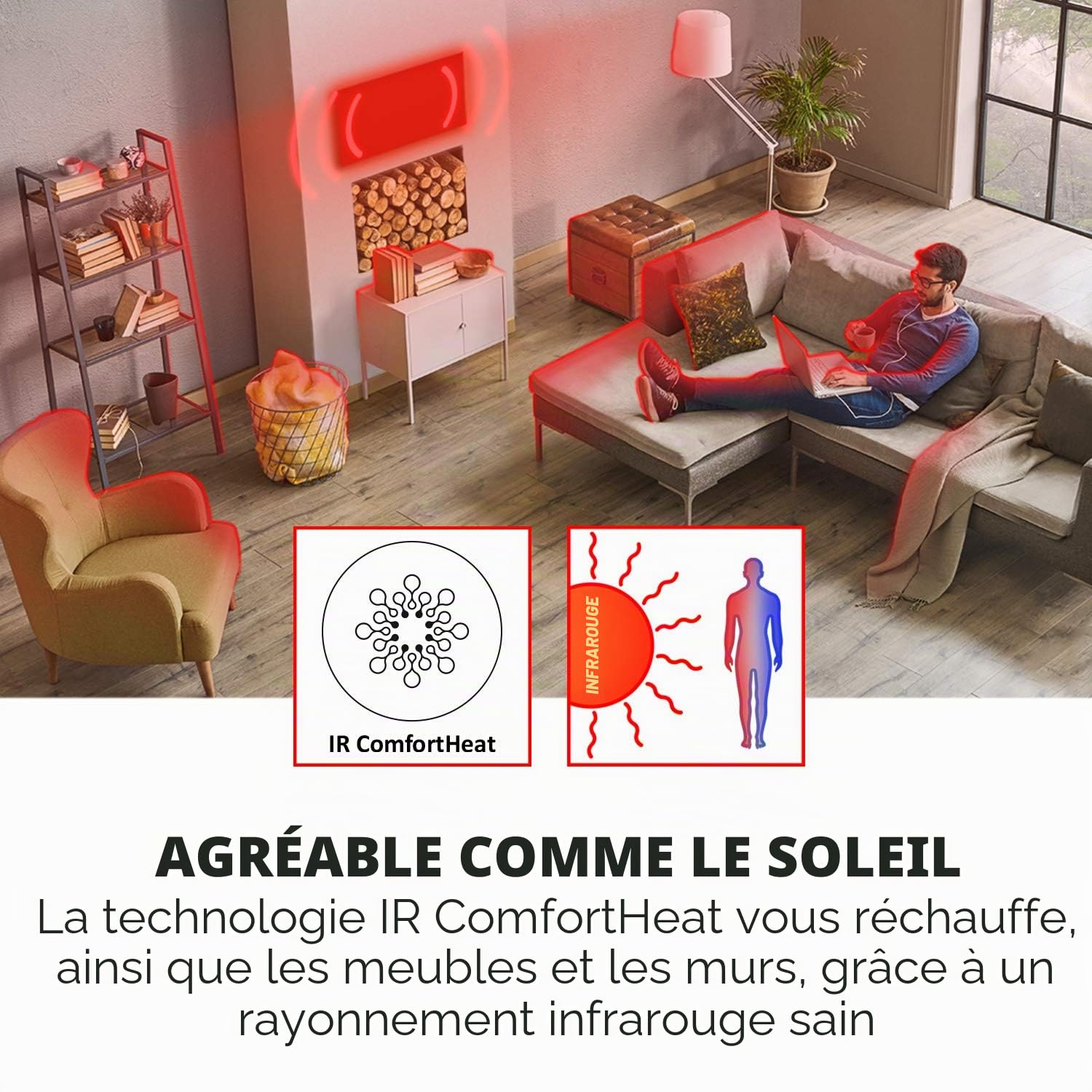 KLARSTEIN HeatPal - Radiateur electrique extra plat, Chauffage infrarouge, Panneau rayonnant, 1300W, jusqu'à 30 m², Accumulation de Chaleur, Plateau en marbre, Argent/Noir