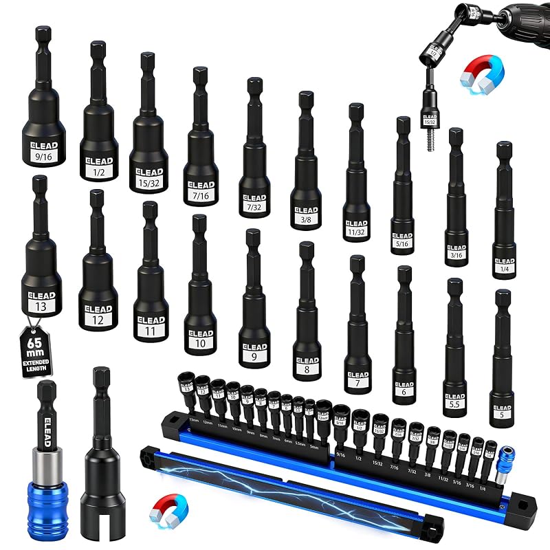 Kit com 22 Chaves de Nut Driver Magnéticas, Métricas e SAE, Haste Sextavada de 6,35 mm, 65 mm, com Extensão e Trilho de Armazenamento ELEAD