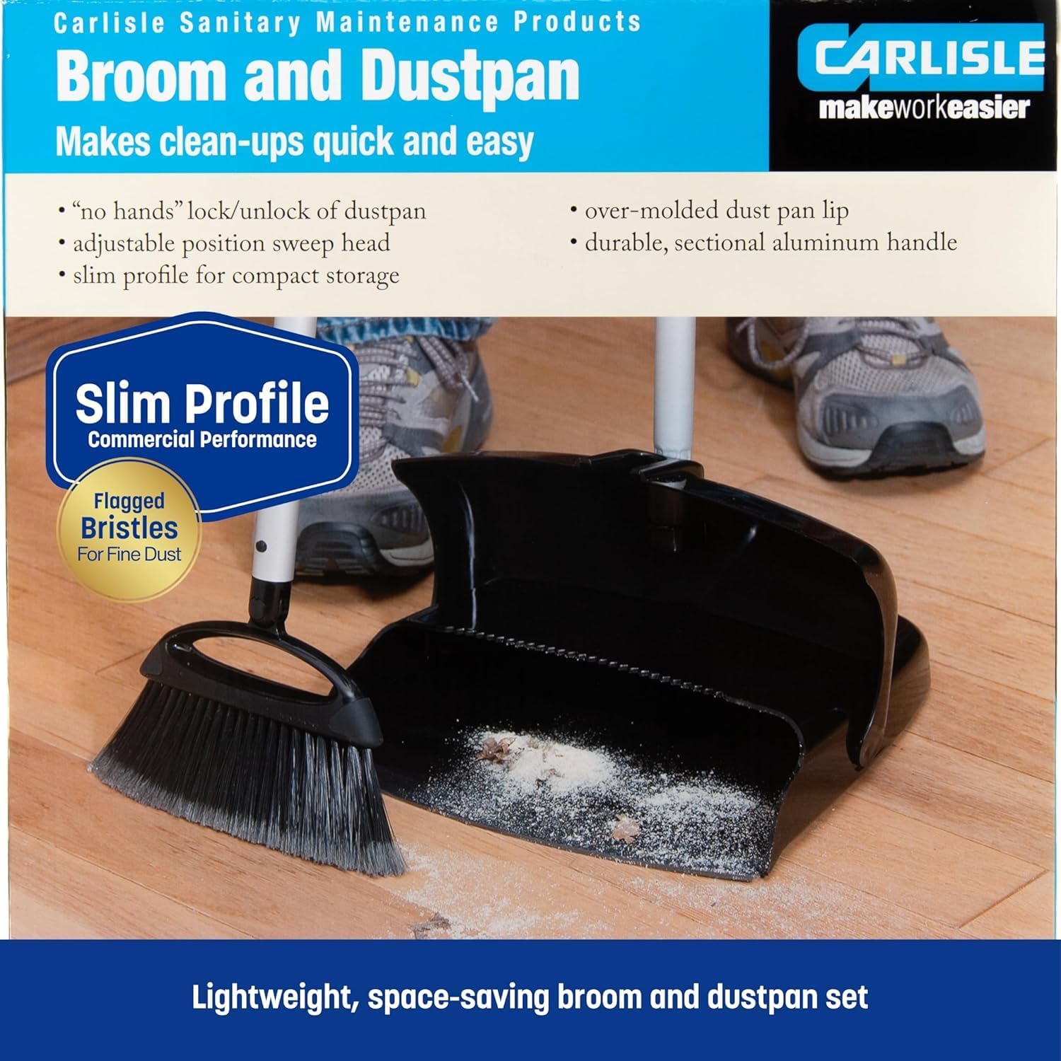 Carlisle FoodService Products Duo-Pan Upright Dust Pan and Broom Set with Adjustable Broom Head for Floor Cleaning, Restaurants, and Janitorial Use, 36 x 11.8 x 41 Inches, Black