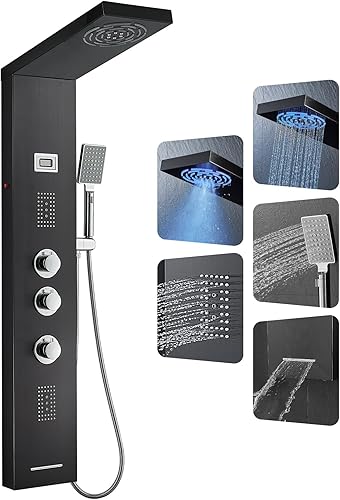 ROVOGO Sistema de torre de panel de ducha LED con cabezal de ducha de lluvia y niebla, chorros corporales, de mano, boquilla de bañera y pantalla de