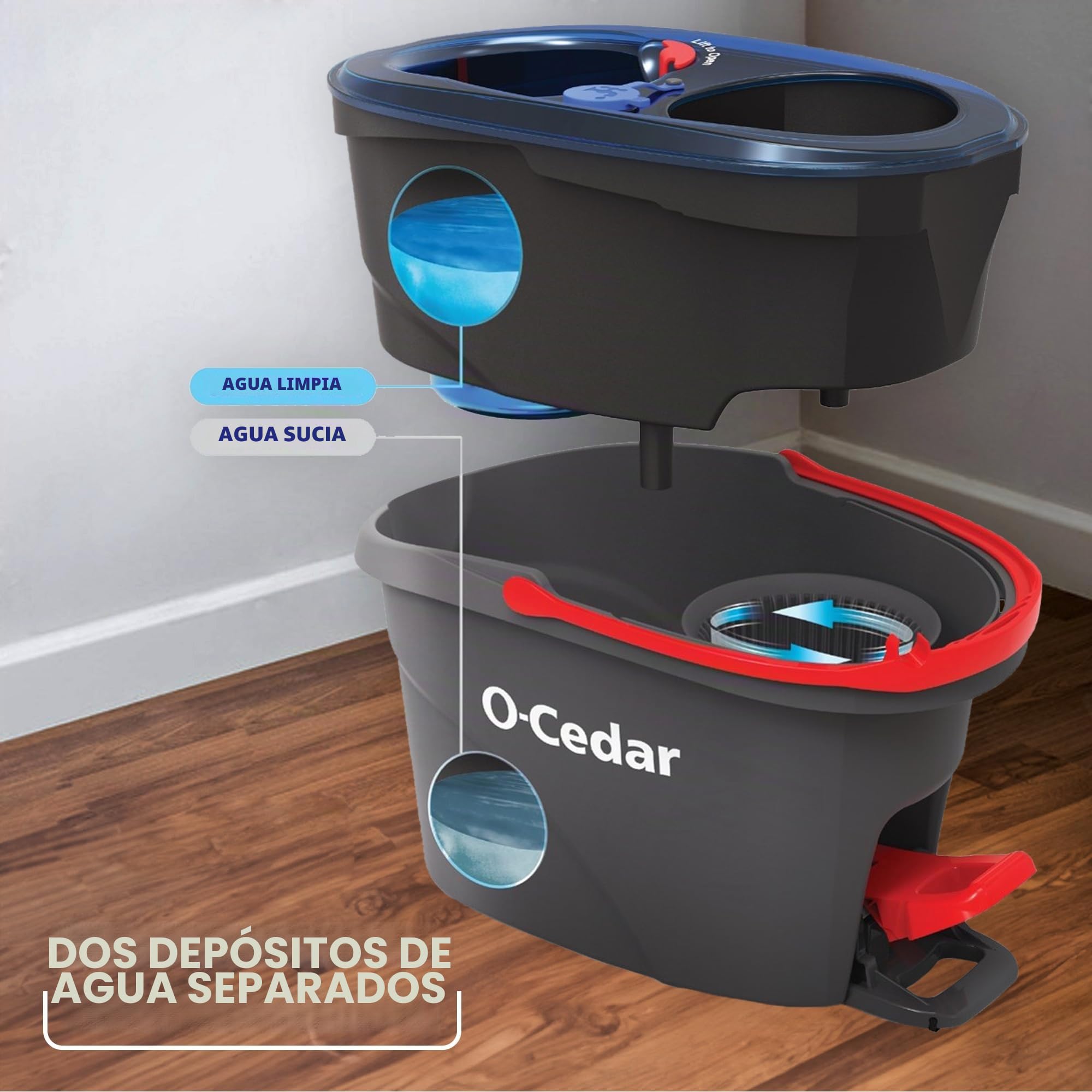 O-Cedar EasyWring RinseClean Sistema de Limpieza de Suelos con Cubo y Fregona Giratoria de Microfibra, Gris