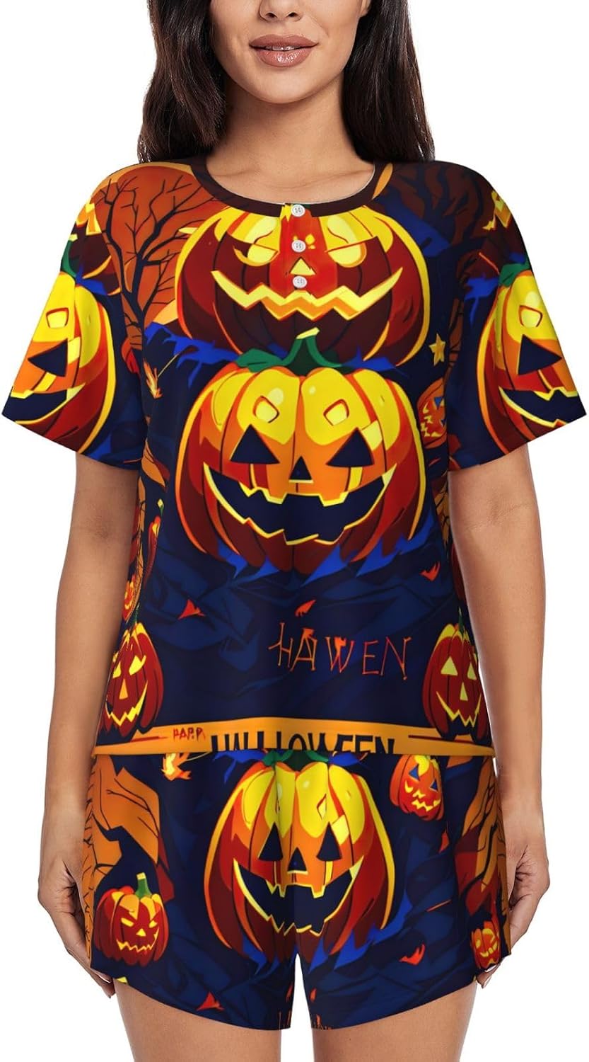 Halloween Pumpkin Print Stylish Women'S Pajama Set Short Sleeve,For Home,Vacation Or Beachwear