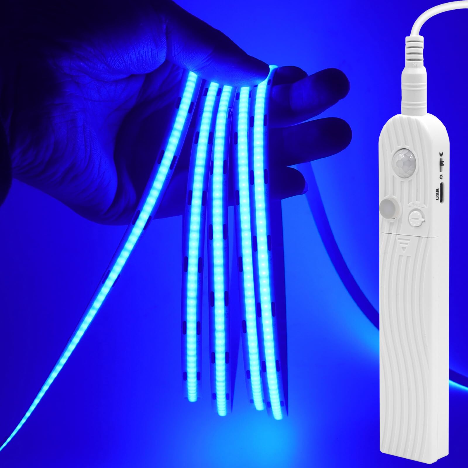 GQL Motion Sensor COB LED Strip Lights - PIR 5V Battery or USB Powered, Self-Adhesive for Closet Wardrobes Cabinets Stairs (Blue, 4m)
