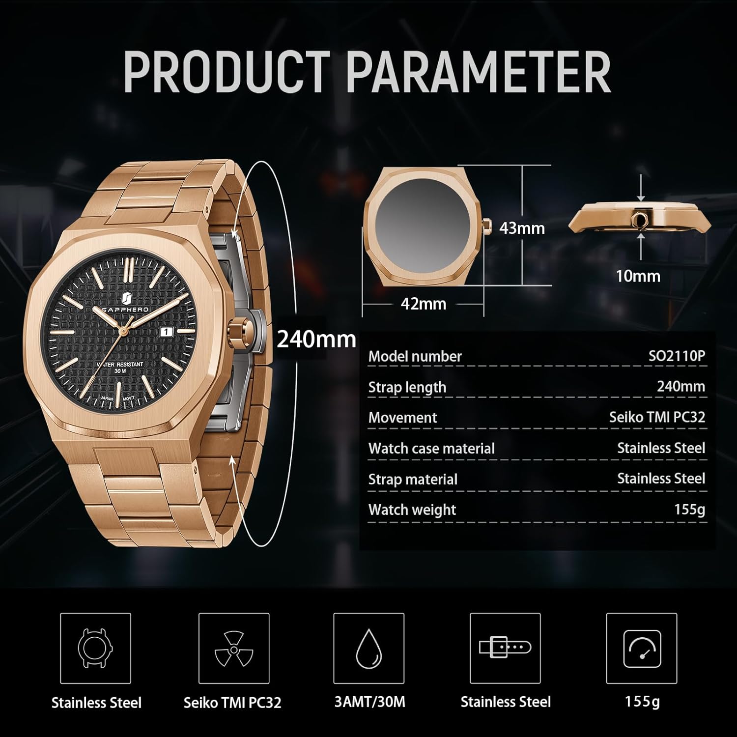 SAPPHERO Mens Watches Stainless Steel Quartz Watch for Men 30M Waterproof Date Clock Fashion Business Wristwatch Gift for Men - Image 5