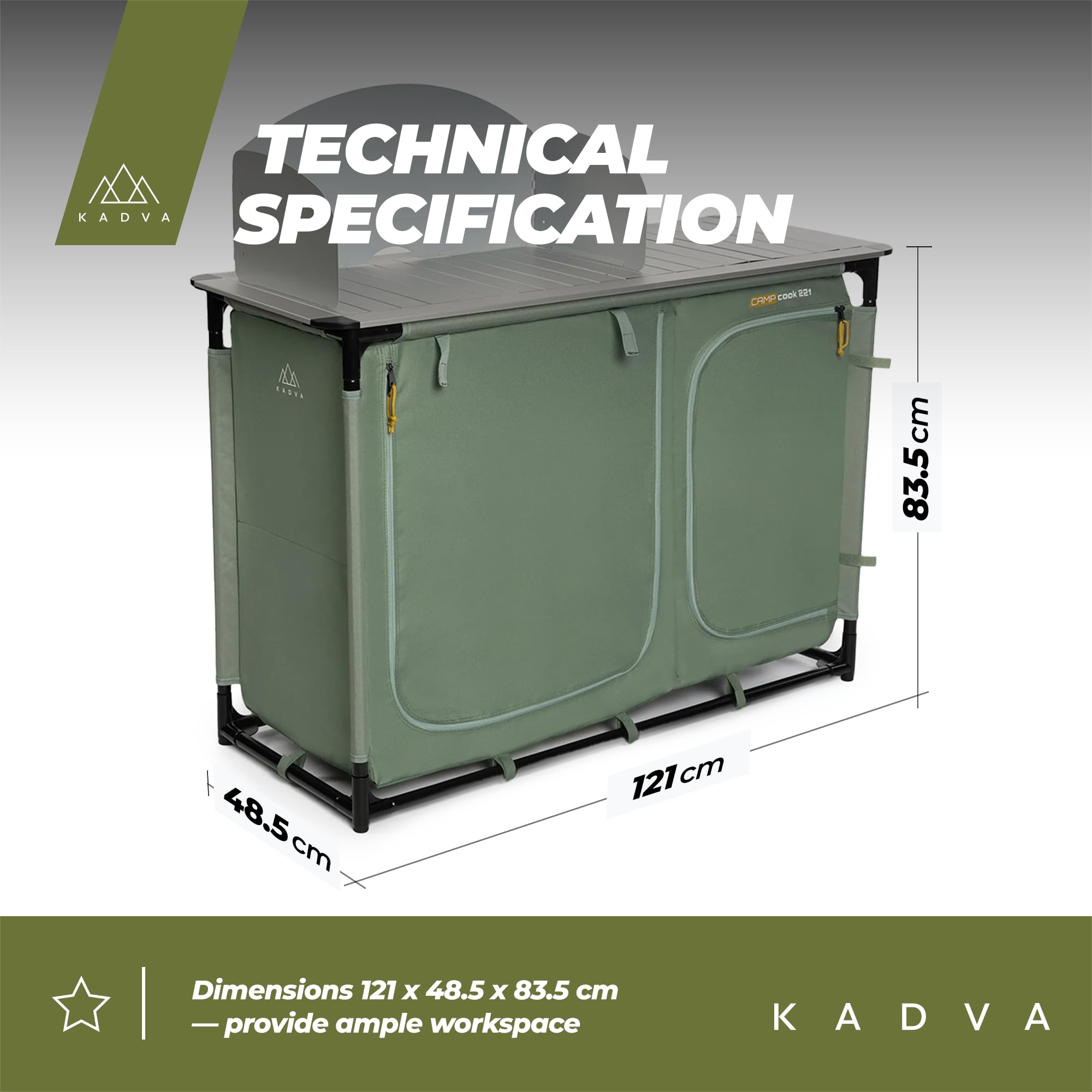KADVA CAMPCook 221 Camping Küchenschrank faltbar 48,5x121x83,5 cm Campingschrank aus strapazierfähigen Materialien Leichte und stabile Konstruktion Einfacher Aufbau und Transport Farbe Grün