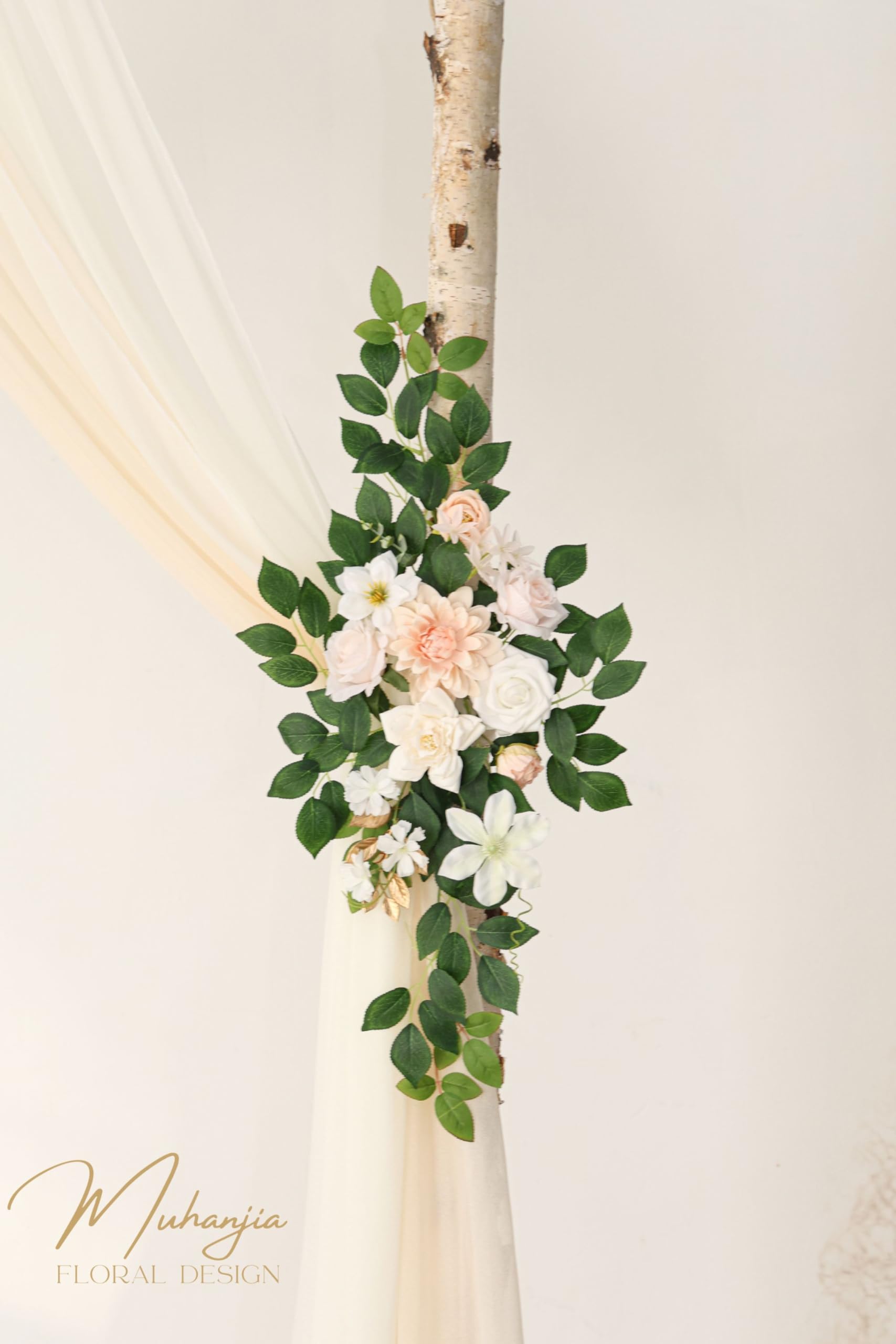 Muhanjia Künstliches Hochzeitsbogen-Blumen-Set (4 Stück), 2 künstliche Blumenbögen, 2 Chiffon-Stoffvorhänge, Zeremonie-Dekoration, Blumen-Party-Dekoration (Champagner und Creme)