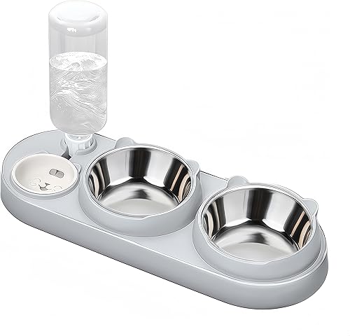 Miniatura 6 de Marchul Cuenco 3 en 1 para gatos, juego de cuencos de cerámica para alimentos y agua, diseño inclinado en 15°, para gatos de interior, perros
