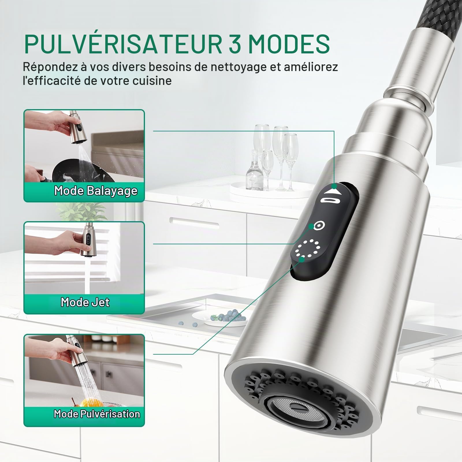 CREA Robinet de Cuisine Distributeur de Savon Encastrable,Mitigeur Cuisine avec Douchette Extensible, Robinet Evier de Cuisine avec 3 Douchette Modes, Pivotant à 360°,Brossé