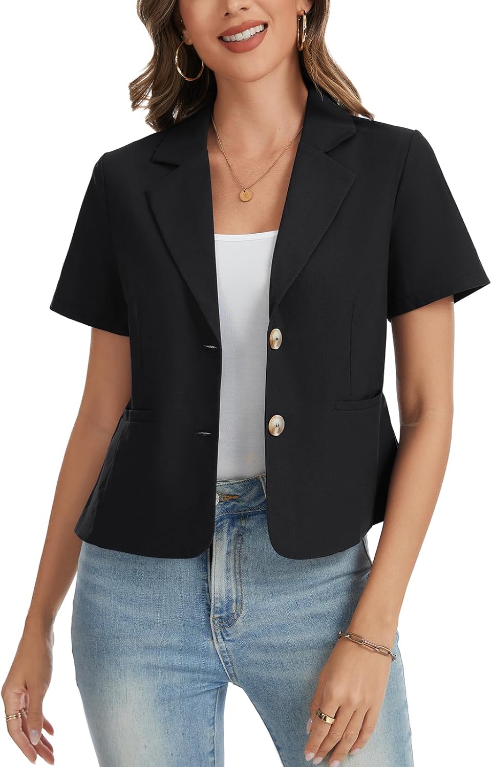 Cotton Linen Blazers for Women Business Casual Two Buttons Short Sleeve Cropped Jackets Work Office Lapel Blazer