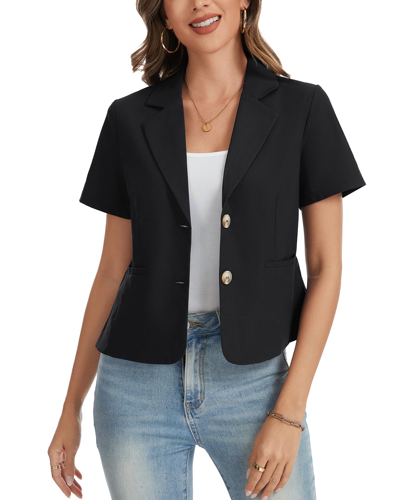 Blazer a maniche corte da donna in cotone e lino, elegante, parzialmente foderato, adatto per abbigliamento casual da lavoro, ufficio