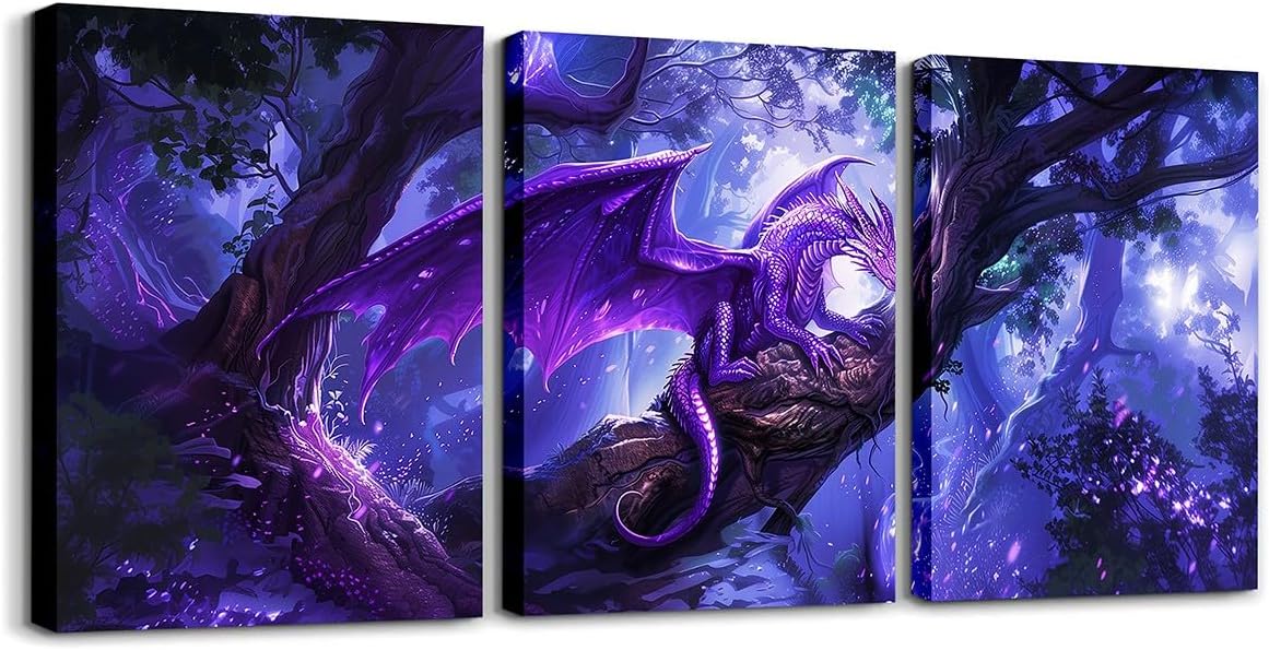 Manfei Dragon Canvas Wall Art Set Of 3 Pieces, Purple Flying Dragon Wall Decor Prints Home Artwork for Living Room Bedroom Decorative, Fairy Tale Animal Theme Wall Hanging, Kids Boys Girls Room Decor