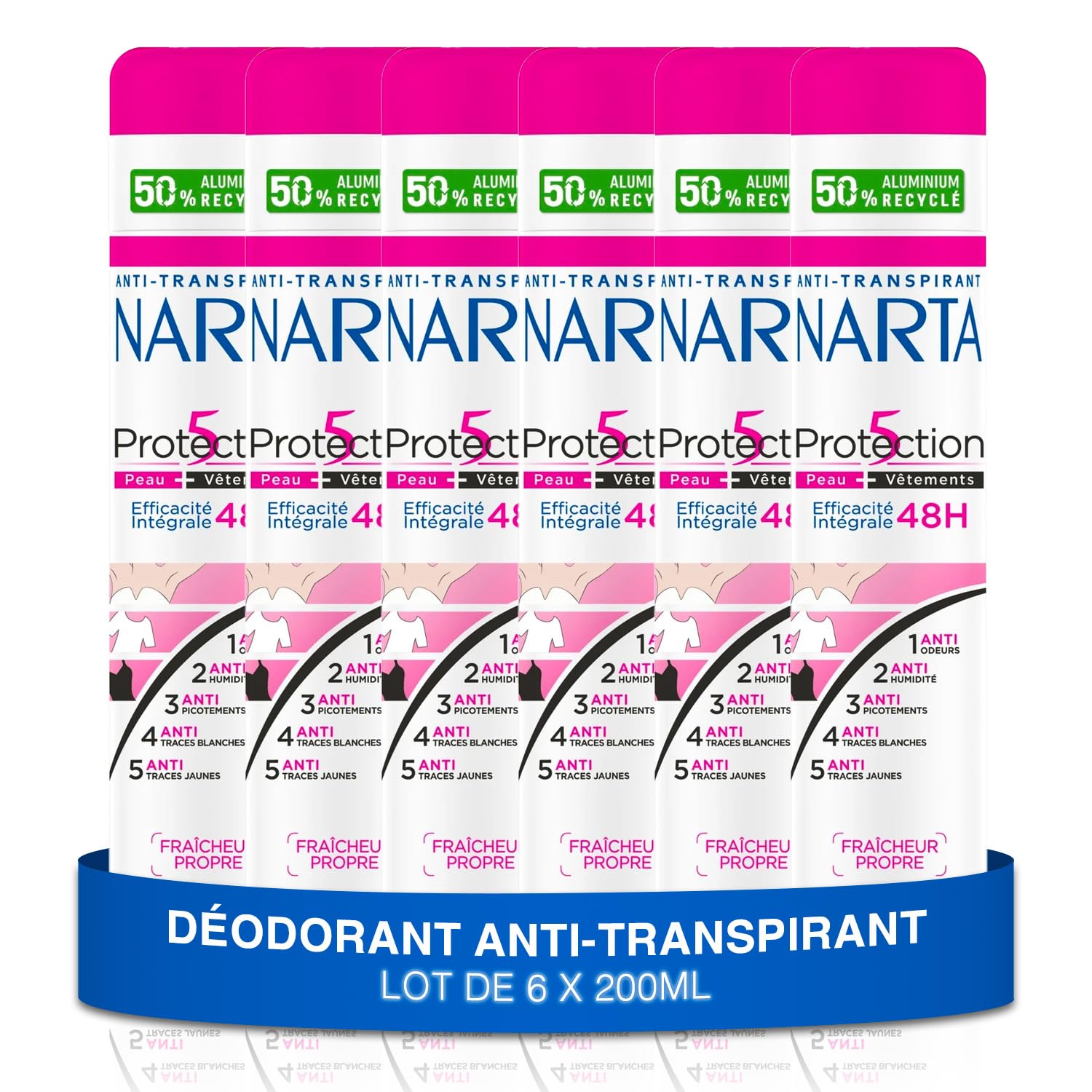 NARTA - Deodorante da donna – protezione 5 anti-traspirante spray efficacia integrale 48 ore – set di 6 x 200 ml