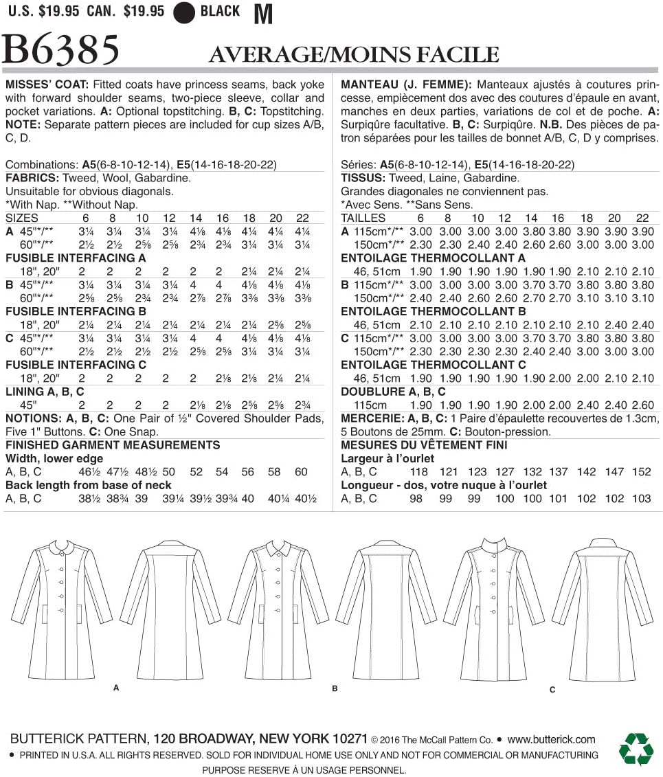 Butterick Patterns B6385 E5 Misses' Funnel-Neck, Peter Pan or Pointed Collar Coats with Custom Cup Sizes by Lisette, Size 14-22 (6385)