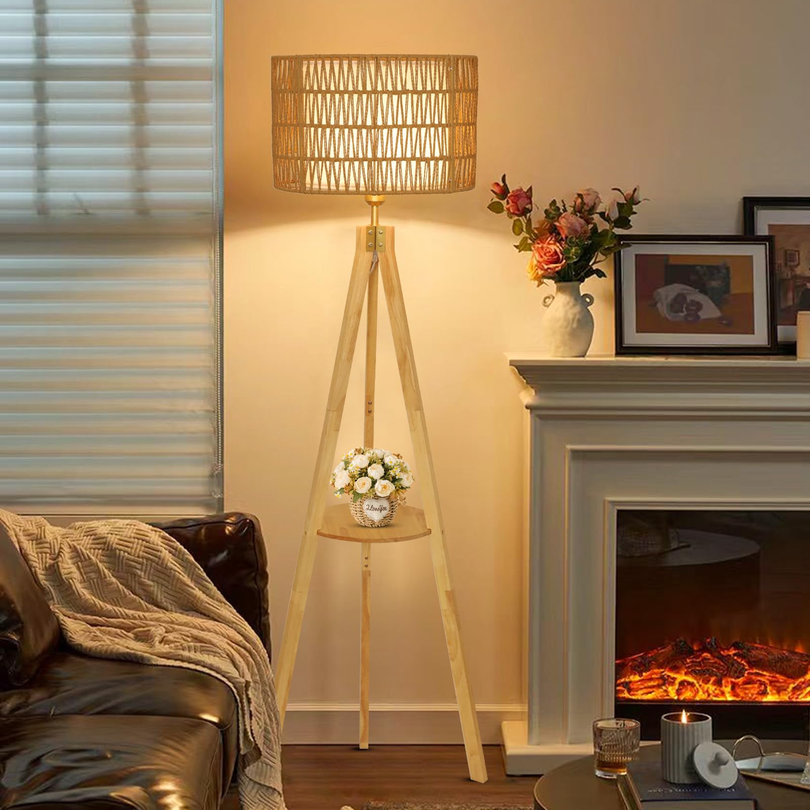 Rayofly Stehlampe Wohnzimmer, Holz Stehlampe mit Regal, Vintage Stehlampen mit Rattan & Leinen Lampenschirm, Retro Stehleuchte mit Stativ, Rattan Floor Lamp, Boho Stehleuchte für Schlafzimmer, Büro