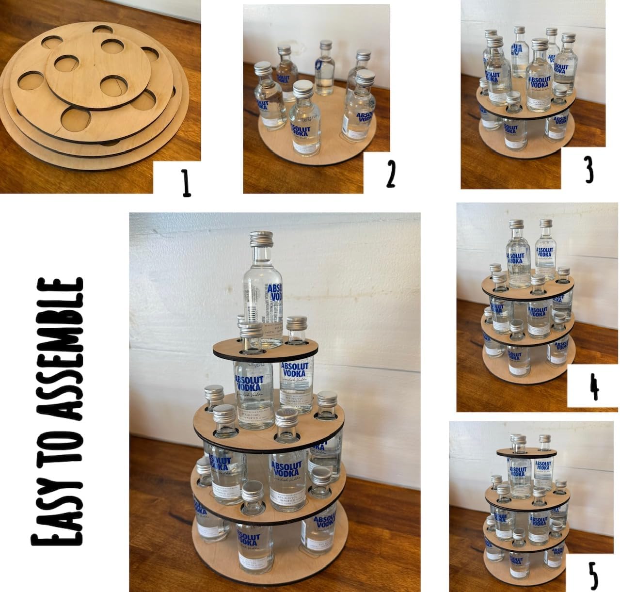Cake to Hold Mini alcohol shot Bottles Party Display for Mini Liquor Bottles | 21st Birthday Holiday Celebration Decoration Centerpiece Holds 16 bottles 50 ml. Four tiers