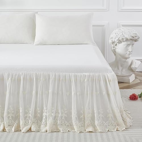 Miniatura 2 de Brandream Falda de cama de encaje blanco de lujo tamaño King sábanas románticas para niñas elegante sábana con falda para adolescentes