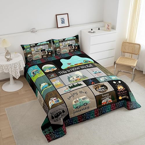 Miniatura 5 de Juego de edredón con temática de cámper, juego de ropa de cama para niños, niñas, mujeres, adultos, caricaturas, coches de caricatura, juego de