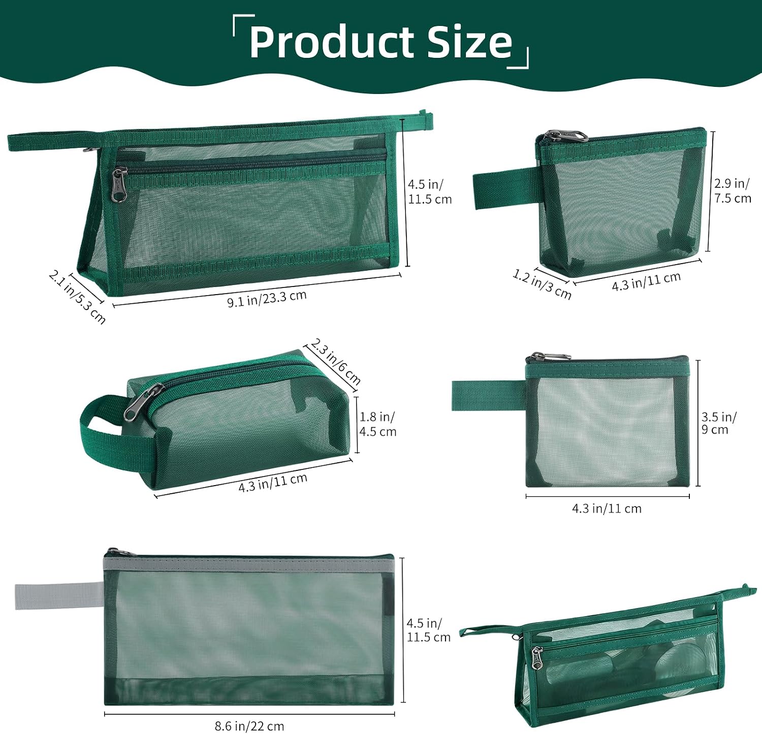 5 Pcs Mesh Makeup Bags Set, Forest Green Mesh Cosmetic Bag Portable Travel Toiletry Bag with Zipper, Travel Organizing Zipper Pouch Storage Pouches for Home Office Data Cable Organizer Accessories image 2
