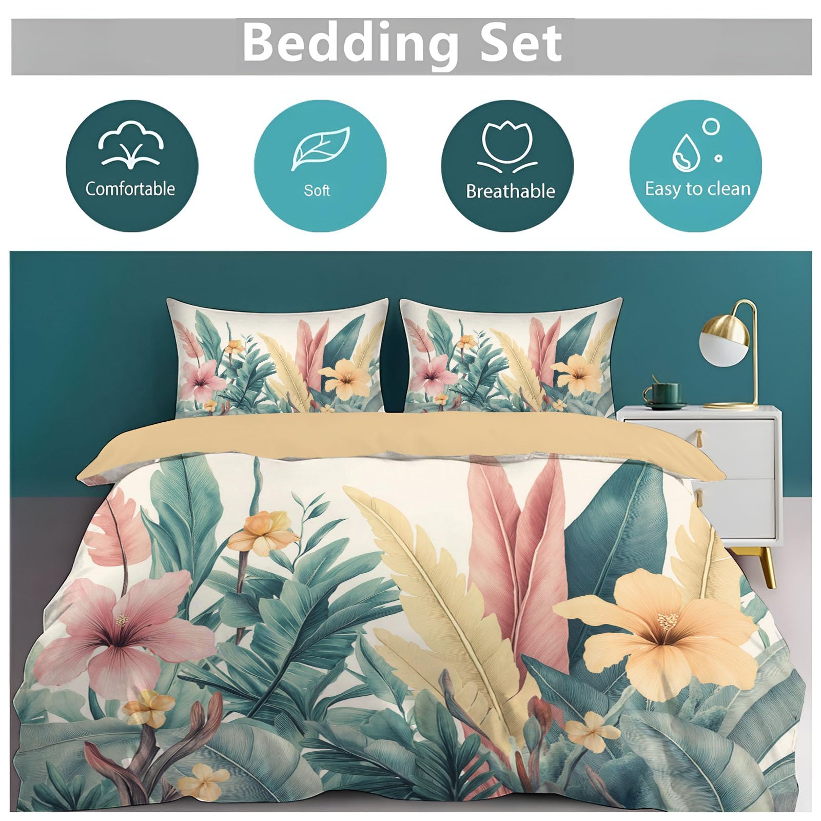 Piante tropicali Foglie di ibisco e banano - 100% Microfibra - Set Copripiumoni Matrimoniale 230x220cm con 1 federe 50 x 75 cm - Tessuto morbido e confortevole - Rosa Verde