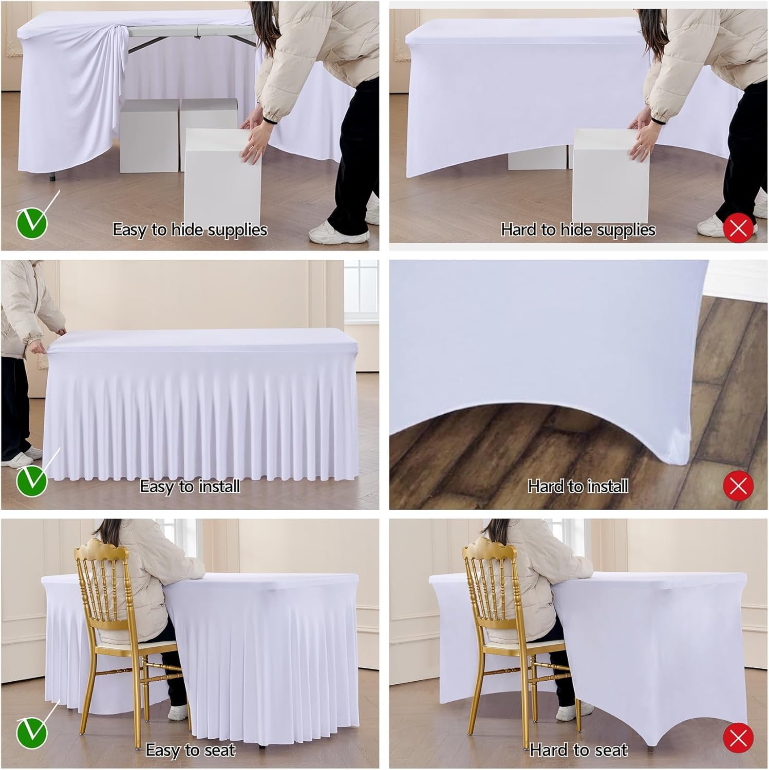 2-Pack Weiß Spandex Elastisch Tischdecke mit Rock, Faltenfreie Fitted 1.8m Rechteck Tische Weißer Stretch Tischdecken für Parteien Hochzeiten Geburtstag Bankett Baby Dusche