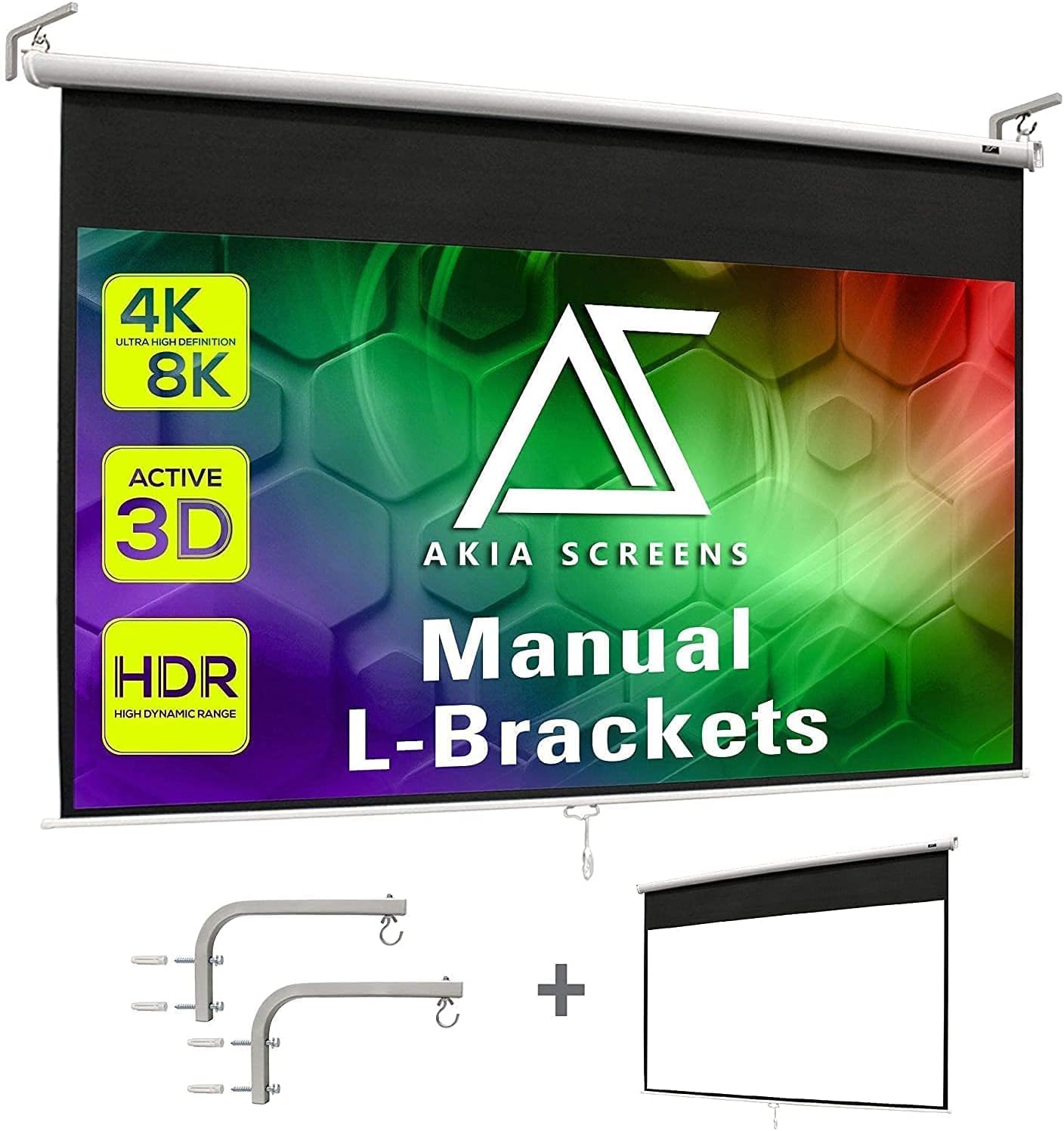 Akia Screens 100 inch Projector Screen Pull Down Manual B 16:9 8K 4K HD 3D Ceiling Wall Mount White Projection Screen Retractable Auto Locking AK-M100H1 with 10 inch L-Bracket White AK-ZLB10W