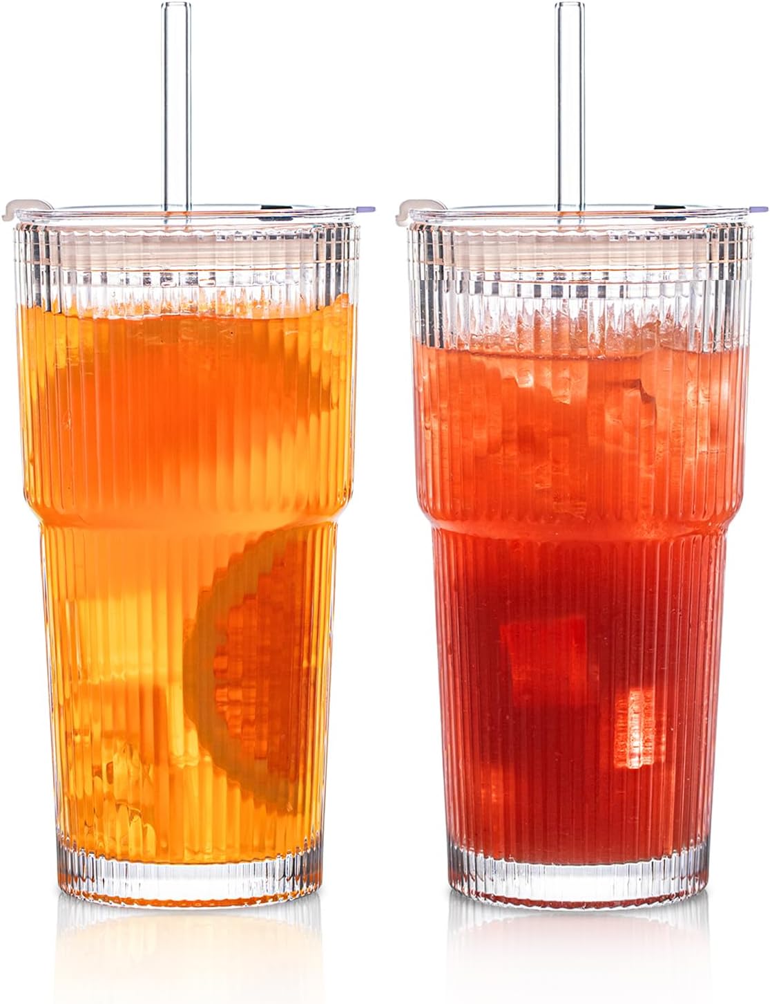 600ML Ribbed Iced Coffee Cups, 2 Pack Leakproof Glass Tumblers with Lids and Glass Straws, Glass Cups with Straw and Lid for Matcha Iced Coffee, Smoothie