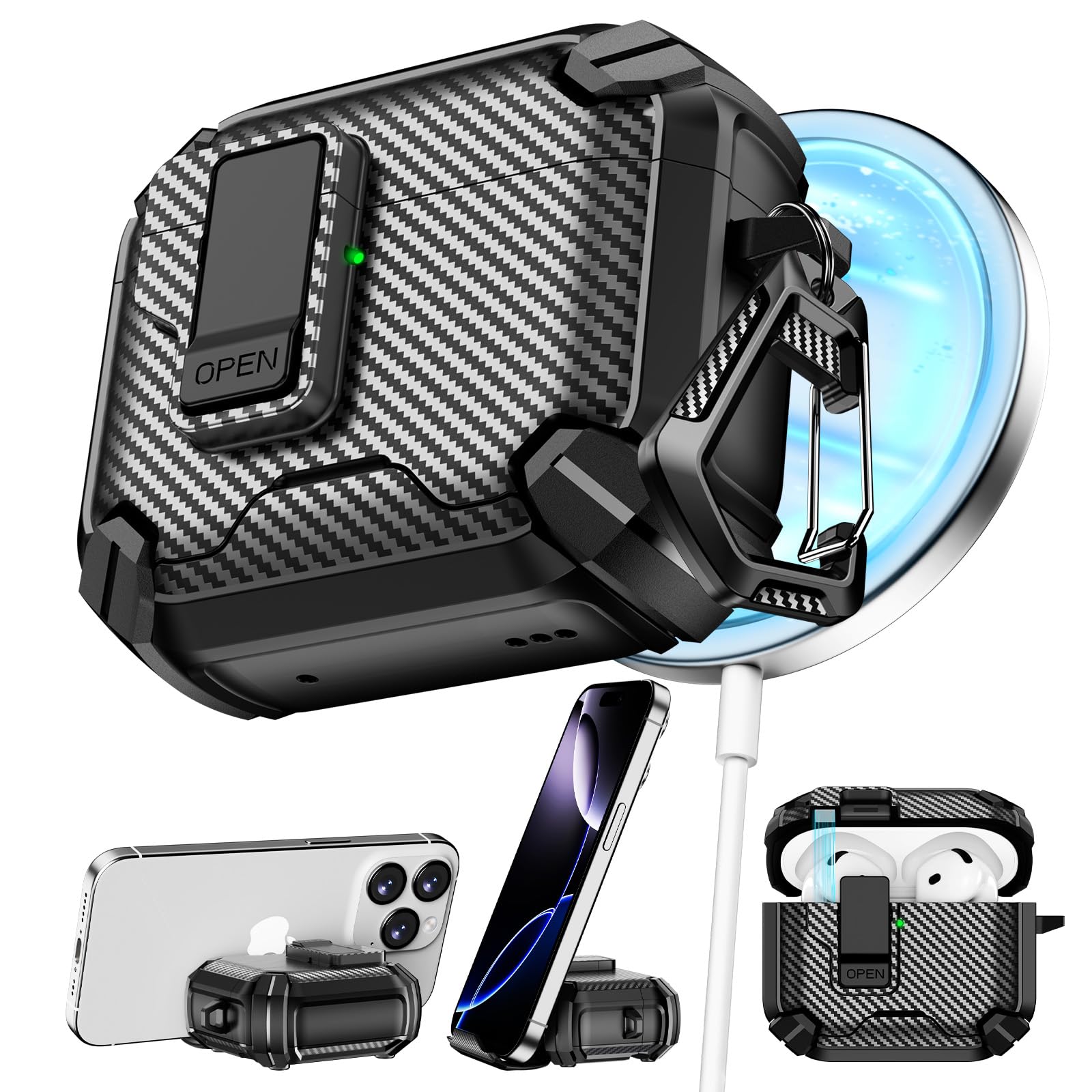 Pohgelan Compatible with AirPods 4 Case Carbon Fiber Texture(Black)