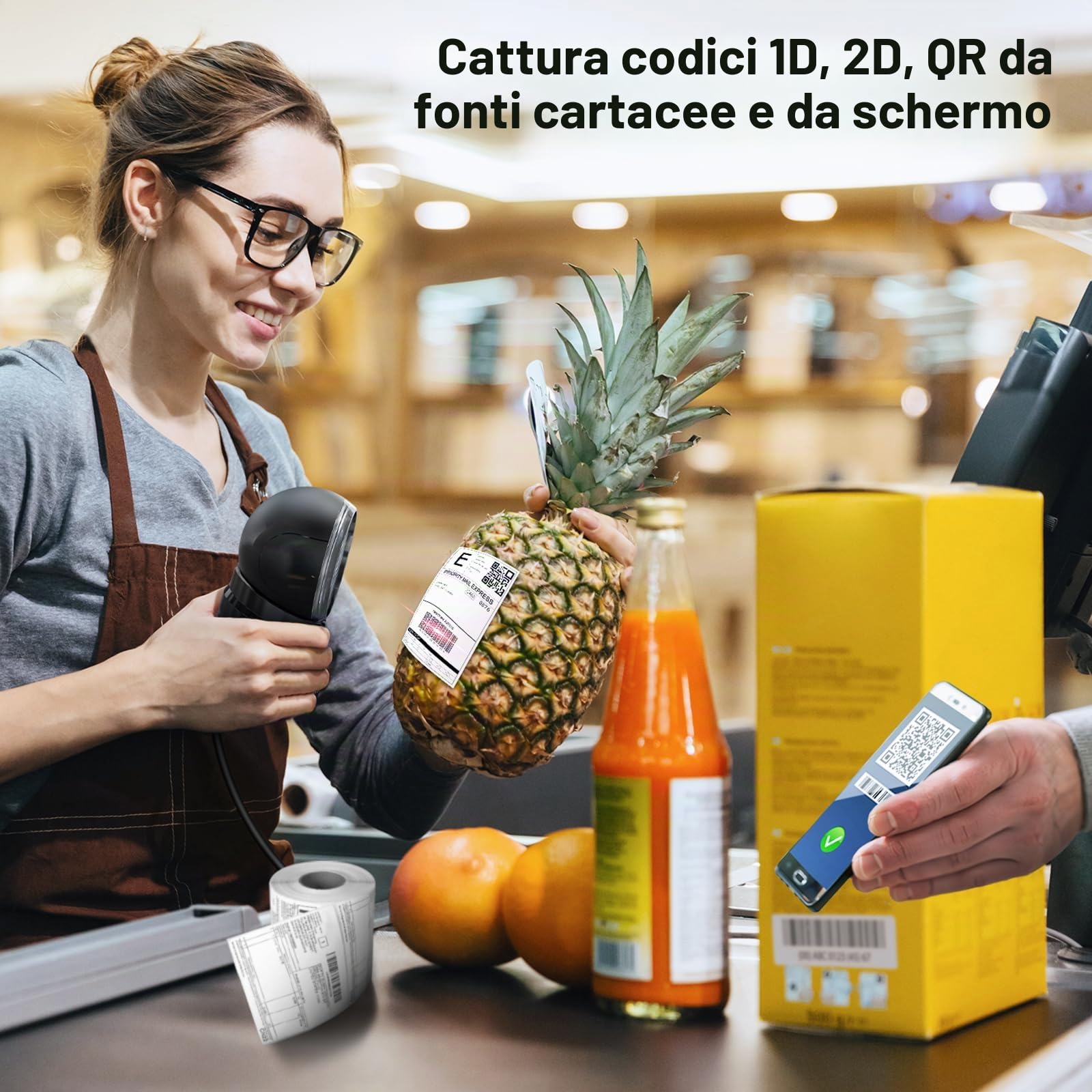 Tera Scanner codici a barre Desktop Omnidirezionale: 1D 2D QR Scanner codici a barre cablato USB Testina di scansione regolabile per POS Supermercato Vendita al dettaglio Pagamento mobile Modello 9000