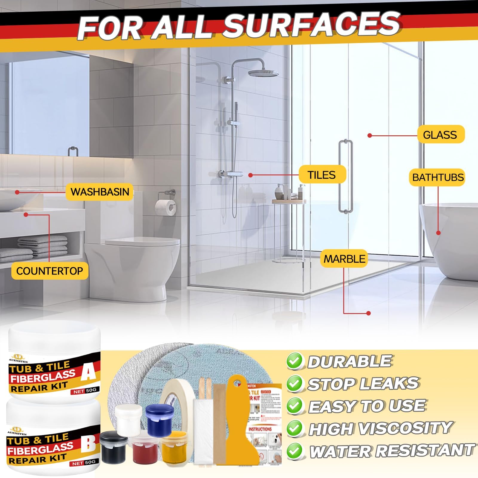 Bath Tub Repair Kit, Fiberglass Tile and Shower Repair Kit Porcelain Repair Kit, Bathtub Repair Kit Repair Chips Dents Cracks Scratches from Ceramic, Marble, Quartz, Resin, Acrylic — view 6
