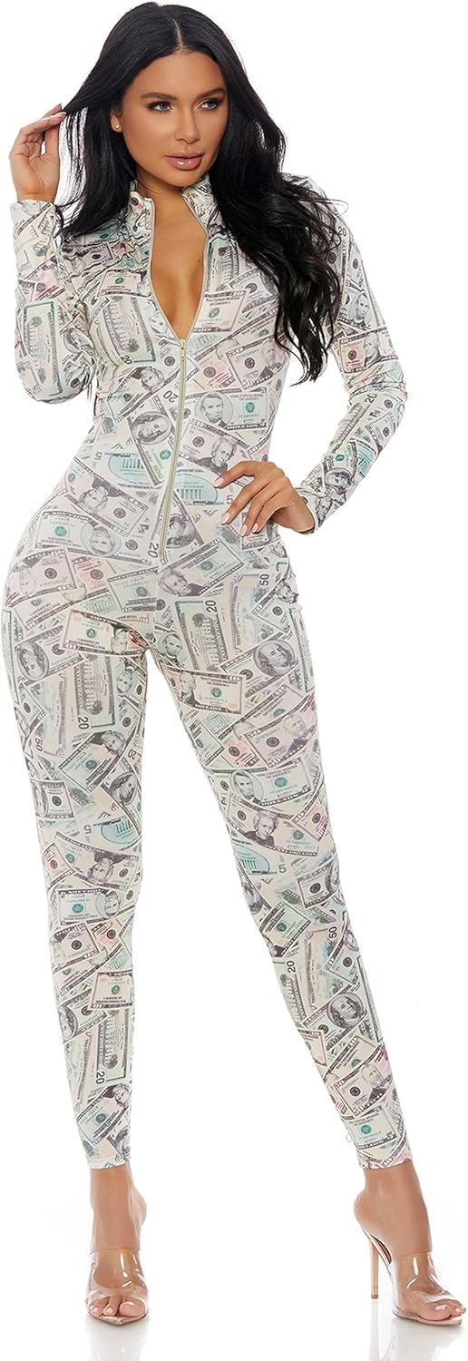 Forplay Women's Money Print Zipfront Catsuit