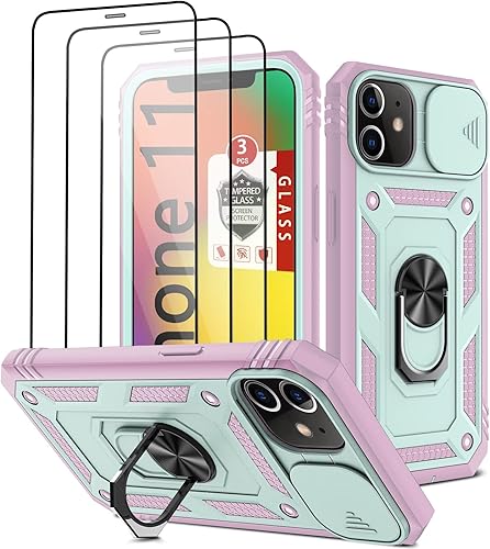 Funda para iPhone 11, para iPhone 11 con 3 protectores de pantalla de vidrio templado, soporte de anillo integrado + cubierta de cámara, carcasa
