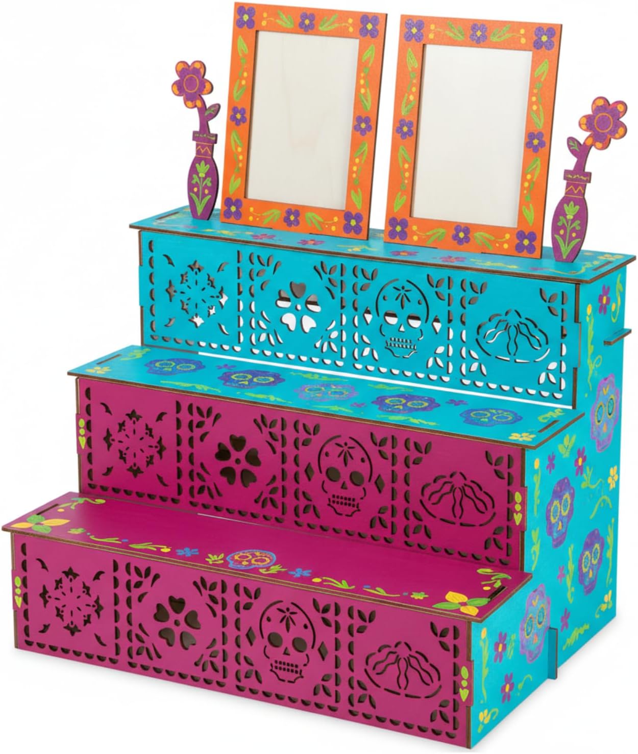 MotiMind Dia De Los Muertos 2 Photo Frame Three Layer Altar Ofrenda Box, Poplar Plywood Sugar Skulls and Pan de Muerto Papel Picado, Self Painting Shadow Box Frame The Day of The Dead Decor (Classic)