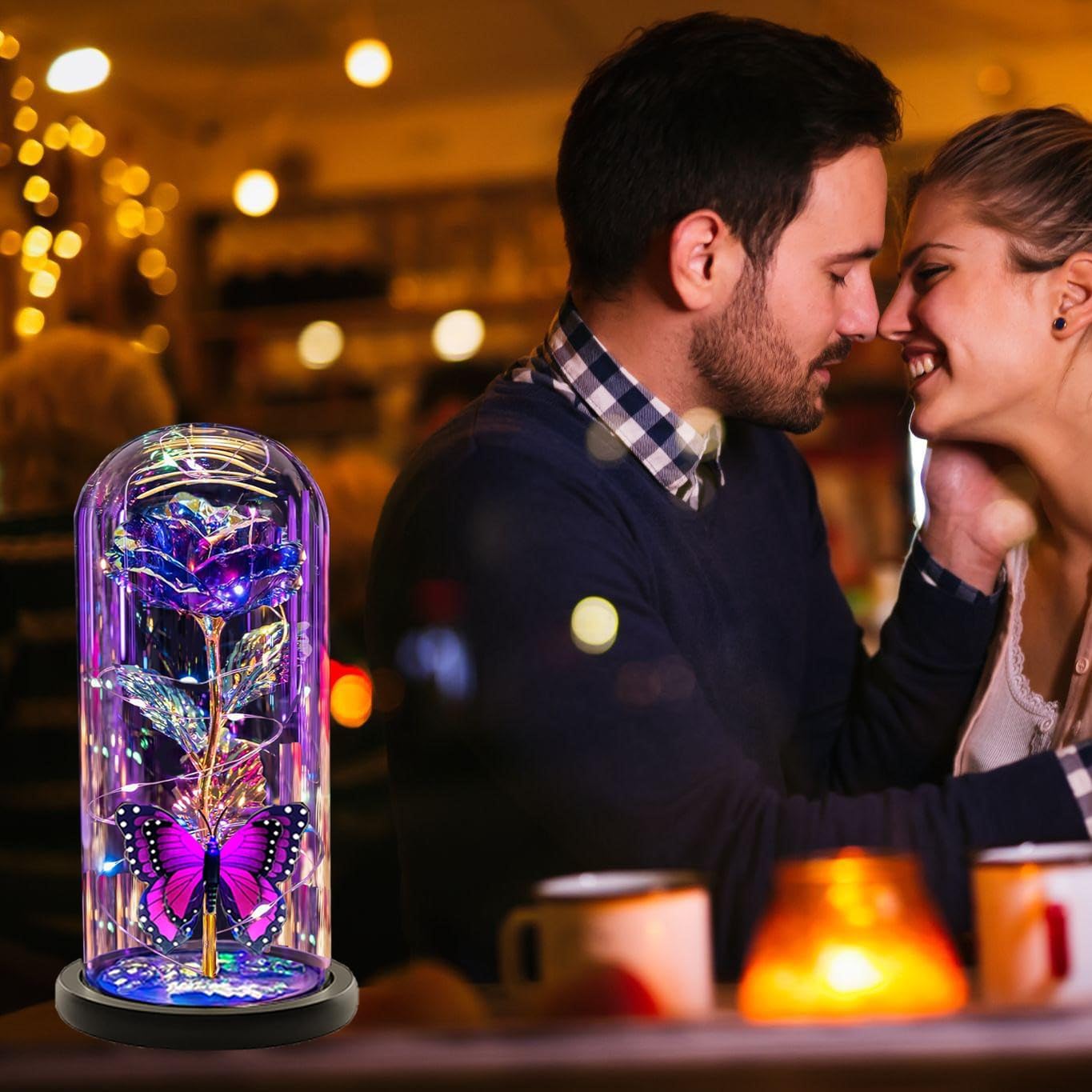 Valentines Rose Flowers Gifts for Her Women Mom Wife,Galaxy Crystal Light Up Purple Rose in Glass Dome Rose Gifts for Mom Girlfriend,Valentines Day Gifts for Her,Butterfly Birthday Gifts for Women - Image 3