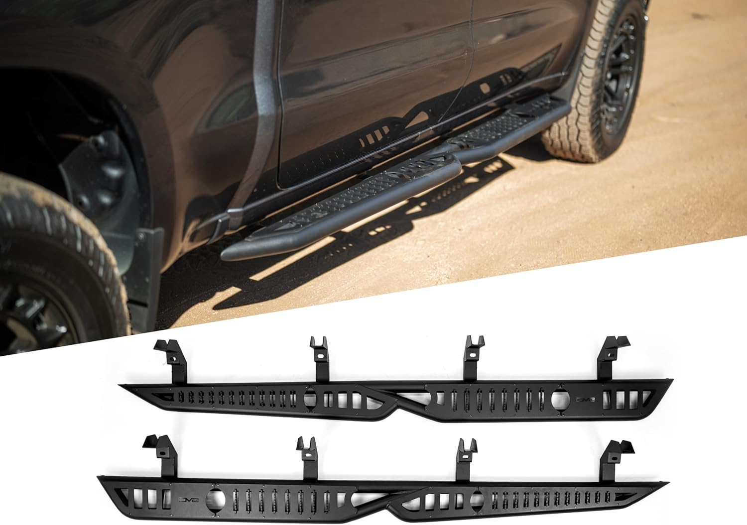 DV8 Offroad OE Plus Side Steps for 2019-2026 GMC Sierra 1500 & Chevy Silverado 1500 Crew Cab | Anti-Slip Design | Provides Protection from Light Trail Debris | Low-Profile Fitment | Powder Coated