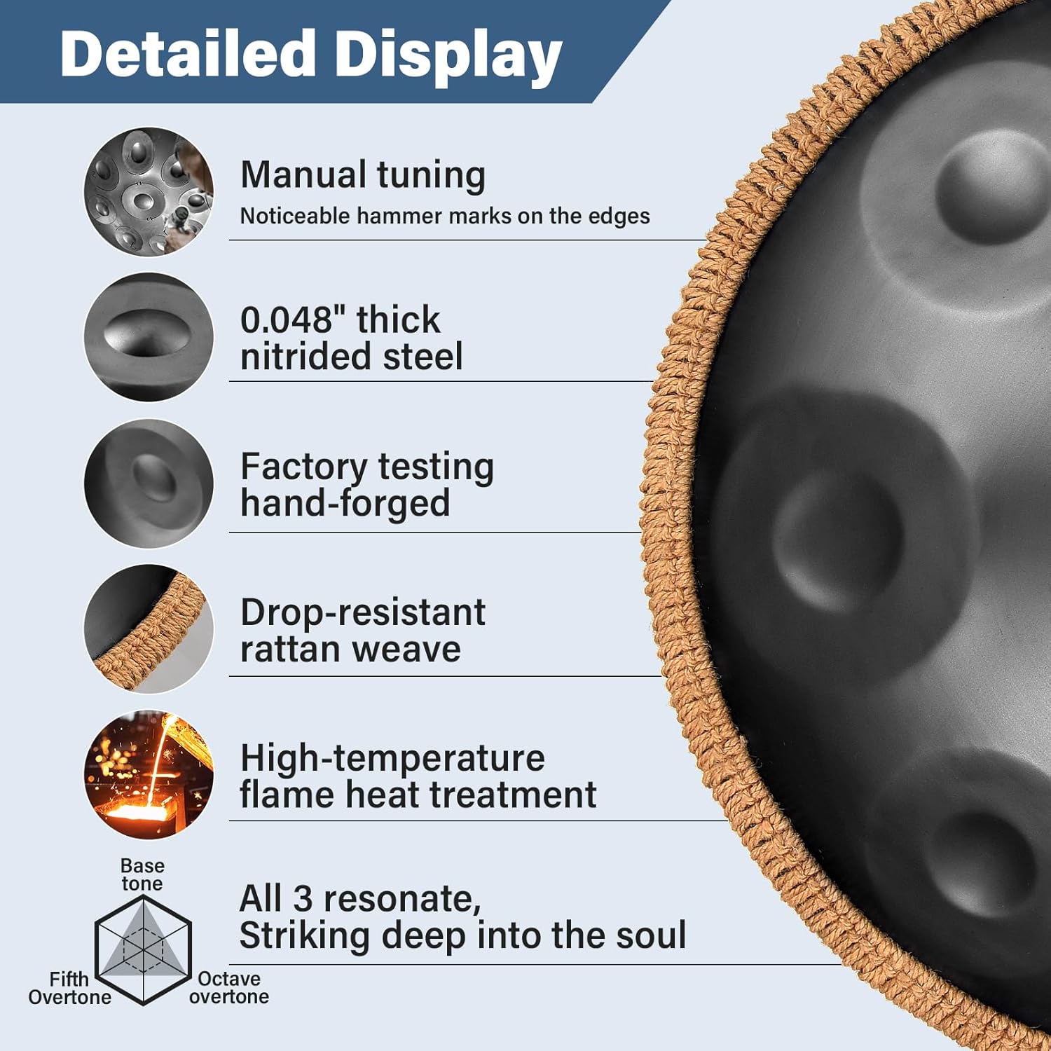 18 Inches G Minor Kurd Handpan Drum,440Hz 9 Notes Hand Drum Instrument,Premium Steel Hand,Handpan Instrument for Adults, Pan with Storage Bag,Mallet,Braid,Stand,Black