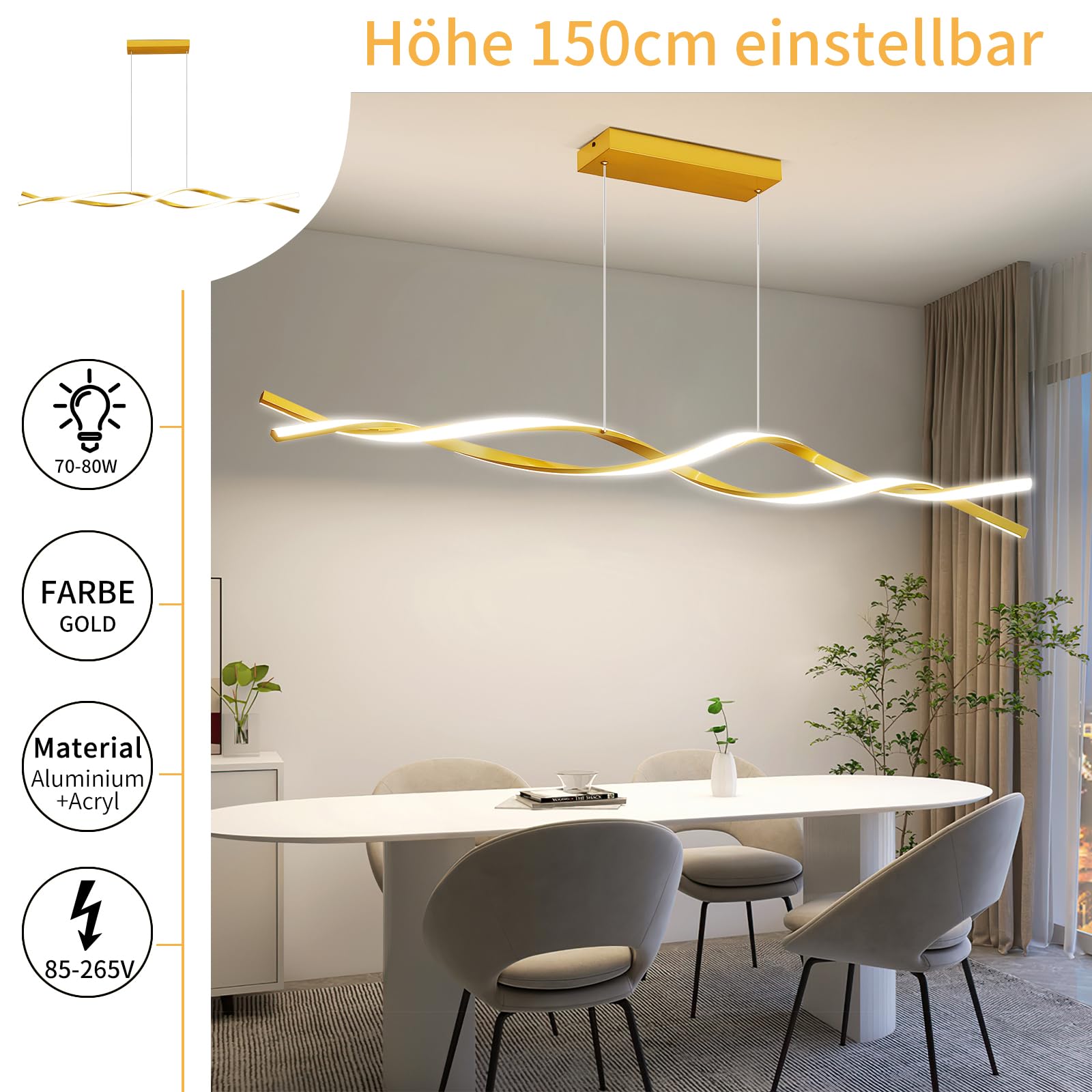 Mikeru Luce a Pendente a Onda da 150cm, Lampadario Lineare Dorato 3000K/4500K/6500K Luce a Onda Isola 10%-100% Dimmerabile Luci Appese Regolabili in Altezza con Funzione di Memoria per Isola Cucina