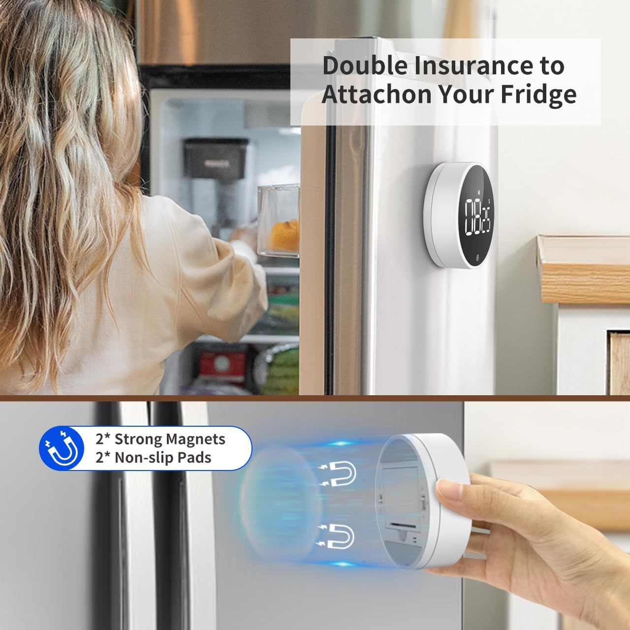 VOCOO Digital Kitchen Timer attached magnetically to a refrigerator door.