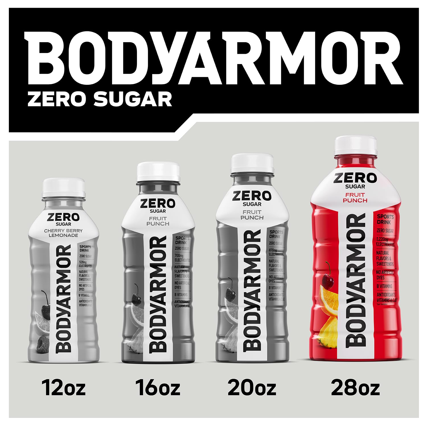 BODYARMOR ZERO Sugar Fruit Punch, Sugar Free Sports Drink - Low-Calorie Hydration - Natural Flavors with Potassium Packed Electrolytes, Antioxidants, and B-vitamins, 28 fl oz (Pack of 15)