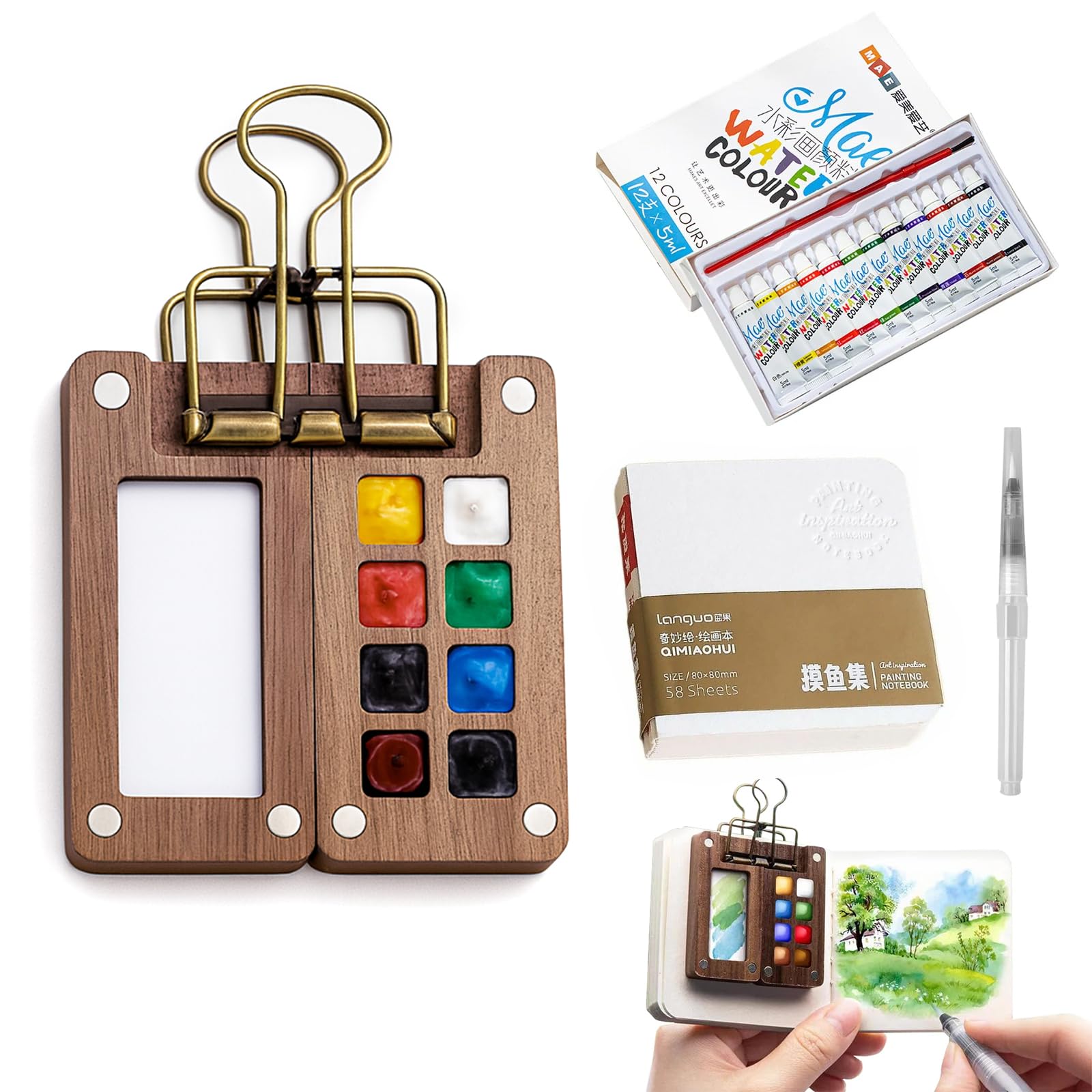 Peinture aquarelle portable Tiiyee kit de poche avec carnet pince
