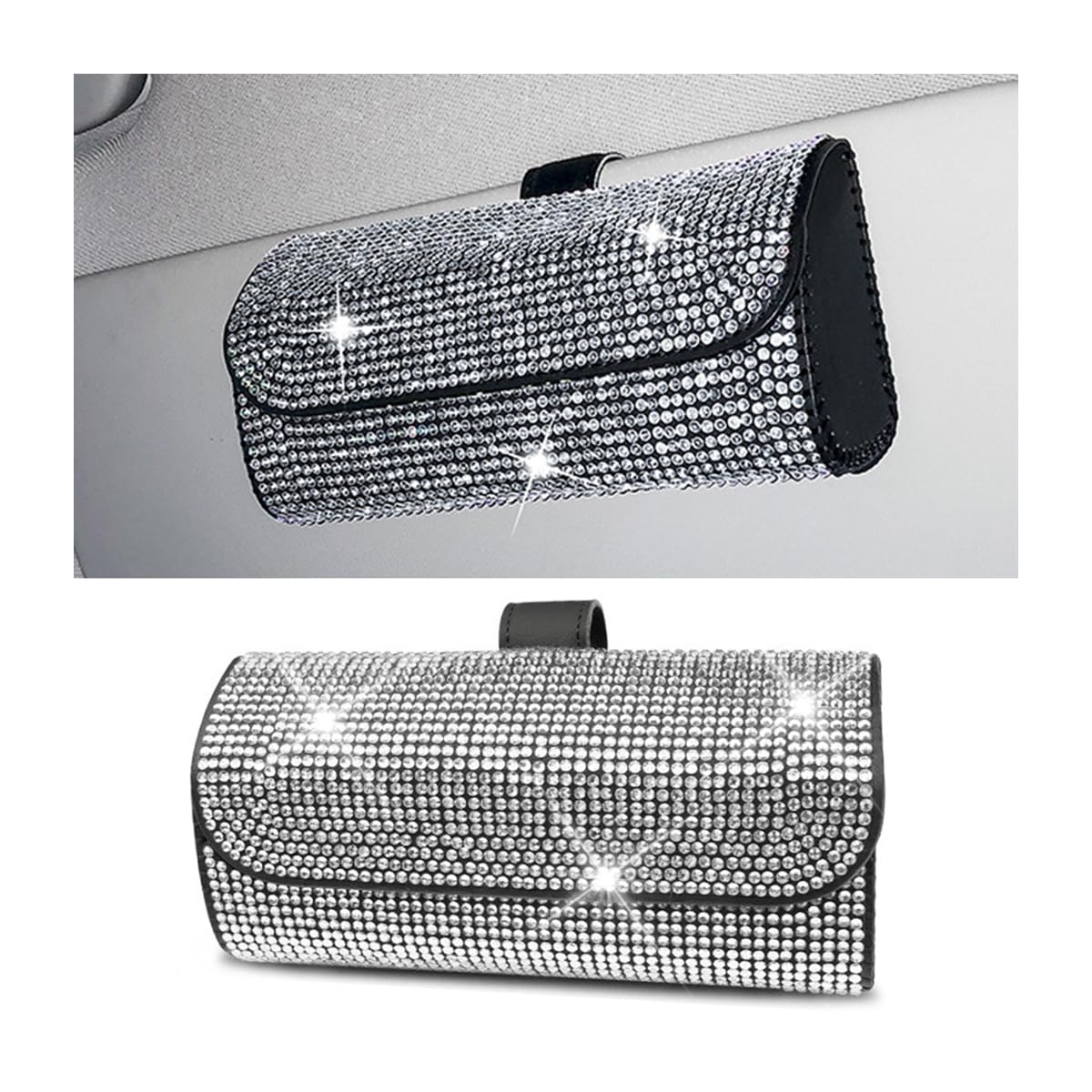 JNNJ Caja Organizadora para Gafas De Sol Coche, Estuche Gafas De Sol De Cristal para Visera Coche, Estuche para Gafas Sol Coche Decorado con Diamantes Imitación, Bling Accesorios Coches(Blanco)