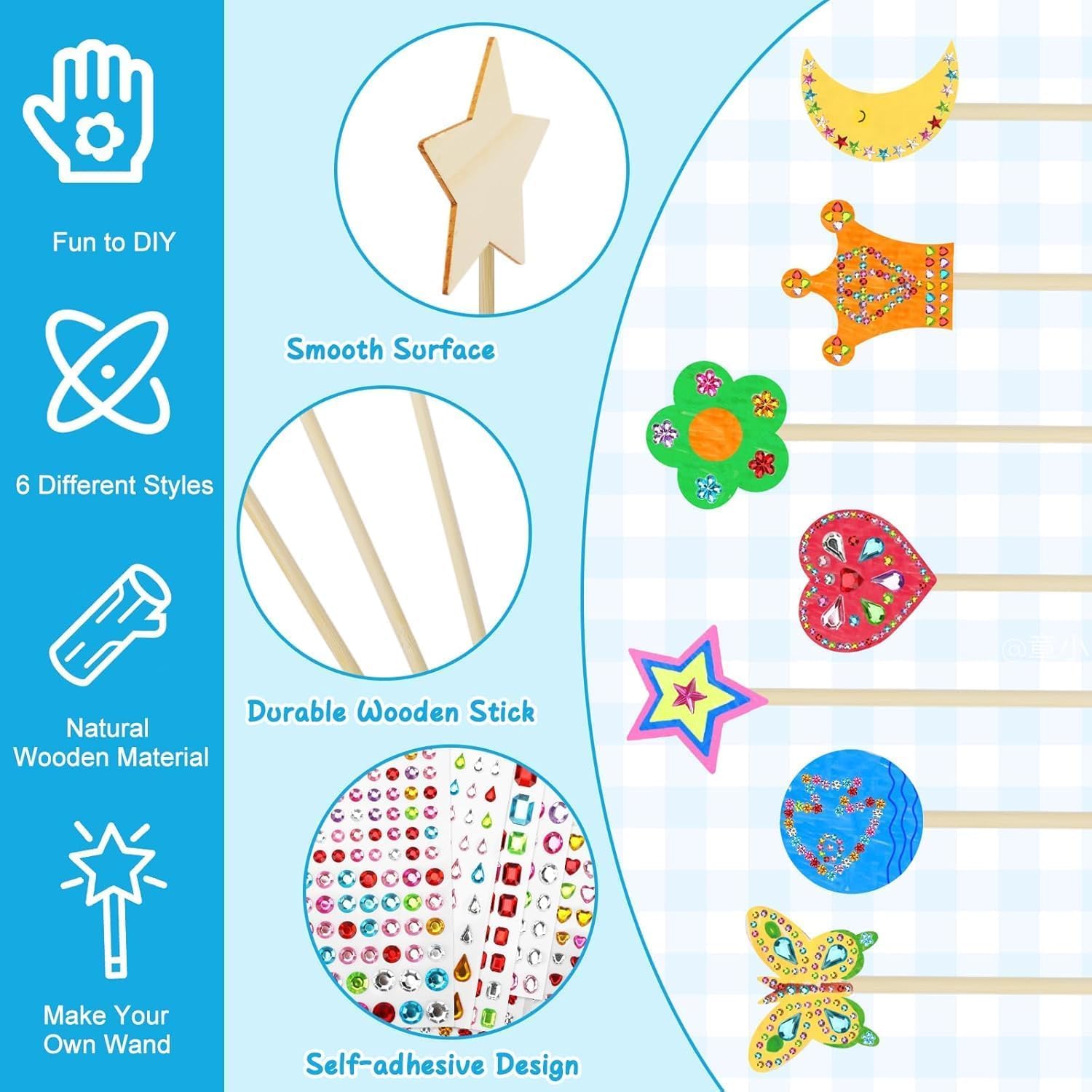 SAYAYA 154 PCS DIY Fairy Wand Craft Kit for Kids, 7 Styles Unfinished Wooden Princess Wands, 8 Gem Stickers, 12 Color Ribbons & Pen, Magical Party Supplies for Birthday Celebrations, Craft Activities