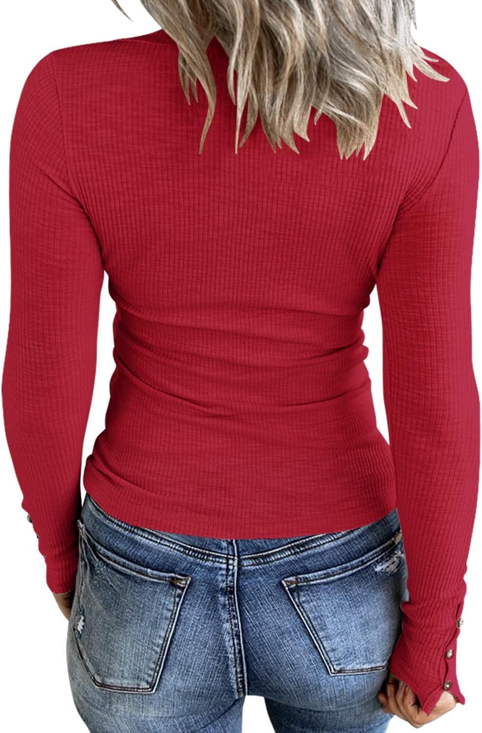 KINLONSAIR Women’s Long Sleeve Henley T Shirts Button Down Slim Fit Tops Scoop Neck Ribbed Knit Shirts - Image 2
