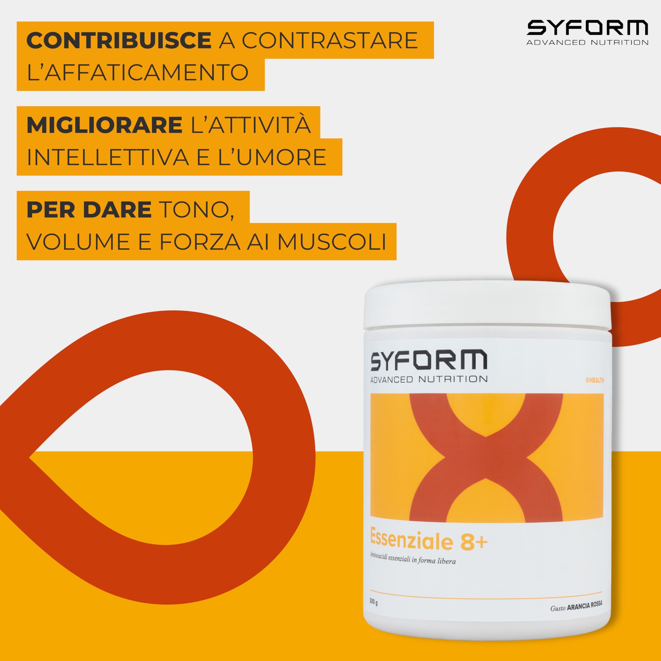 ESSENZIALE 8+, Aminoacidi essenziali e semi-essenziali in forma libera, Adatto ai vegani, Senza Glutine, Senza Lattosio, ARANCIA ROSSA 300 G