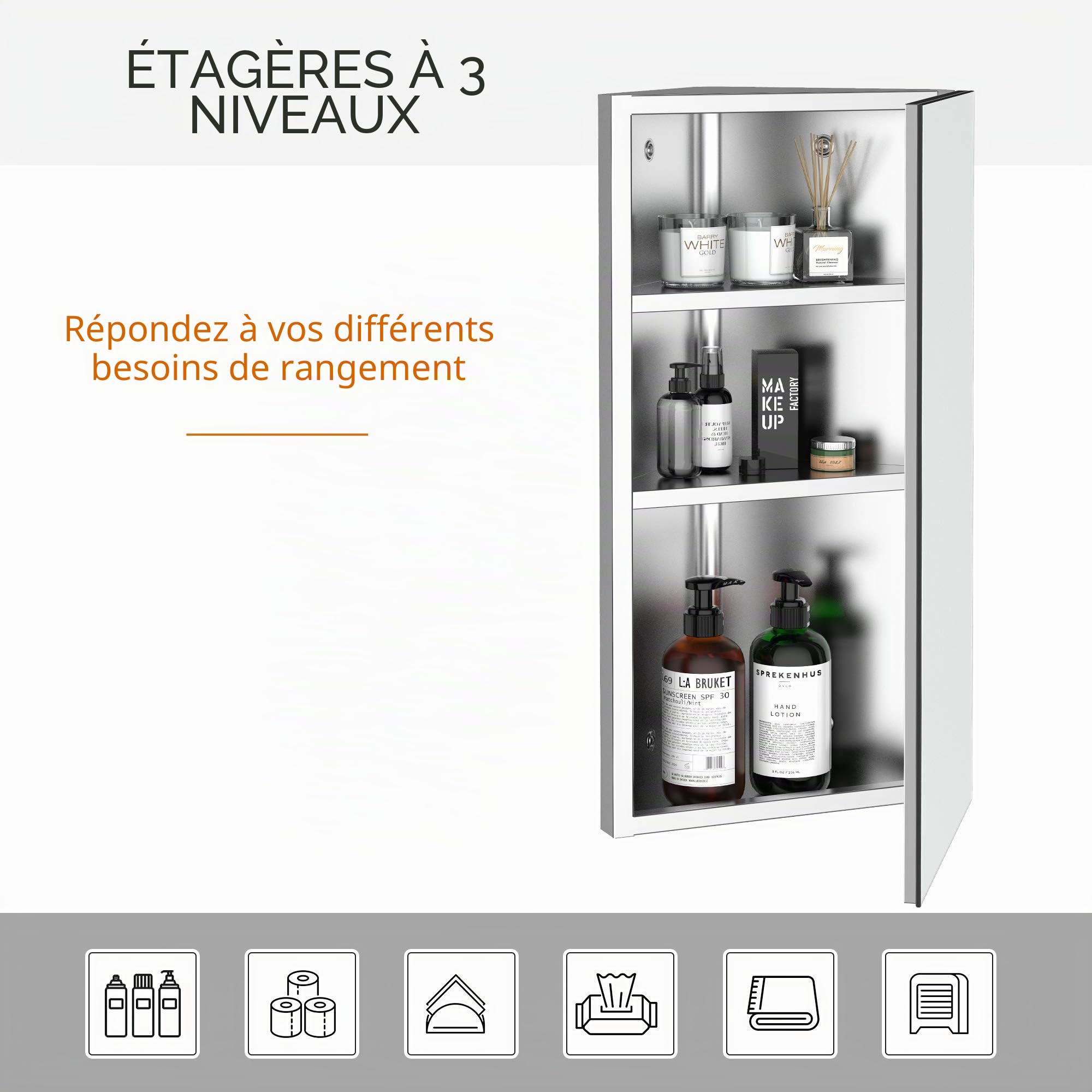 HOMCOM Armoire Miroir Salle de Bain Armoire de Toilette Murale Meuble d'angle 2 étagères dim. 30L x 18,4l x 60H cm Acier INOX.