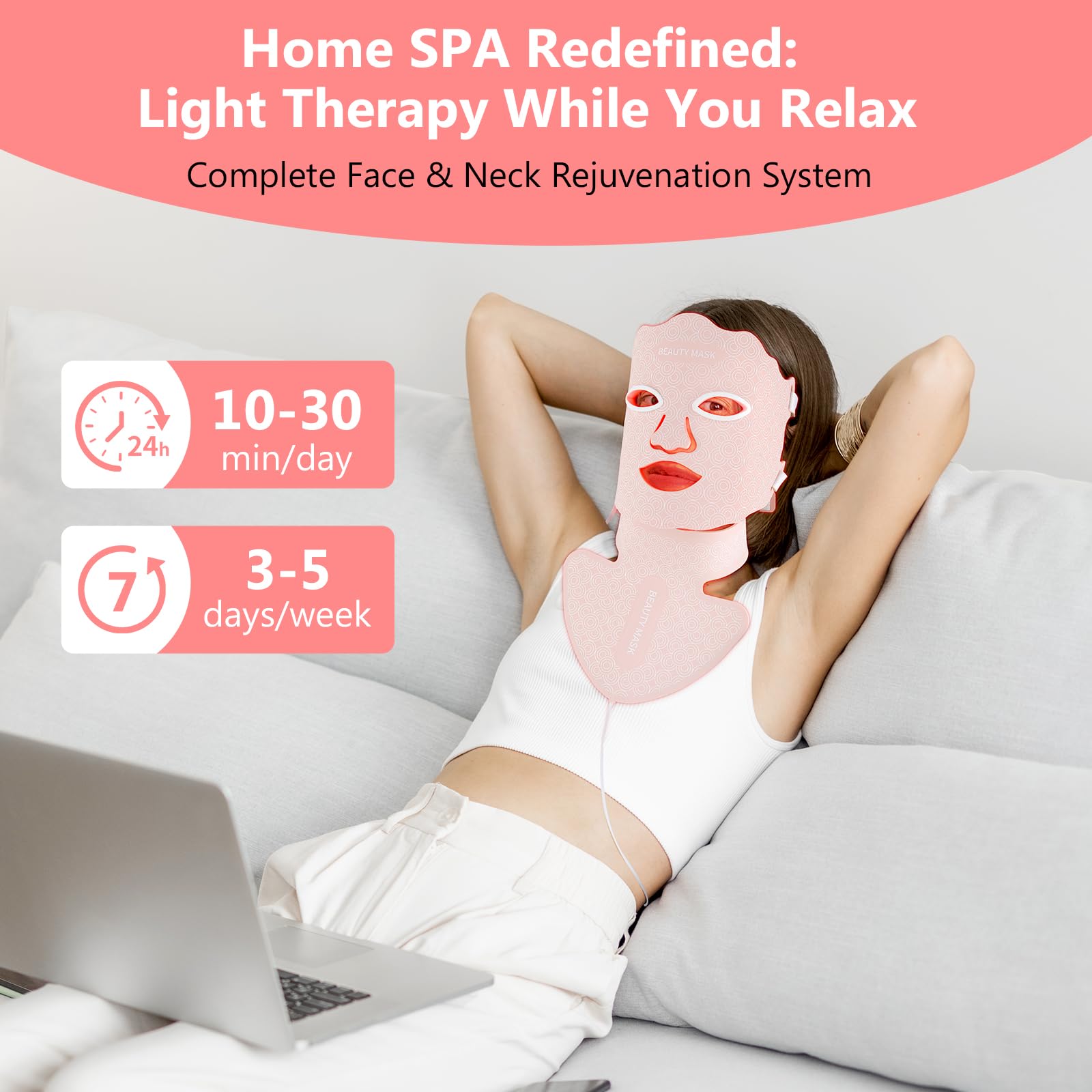 Maschera viso a LED per terapia della luce, 7 colori LED maschera per viso e collo con lampada a luce rossa per anti-invecchiamento, acne e tonificazione della pelle, cura professionale